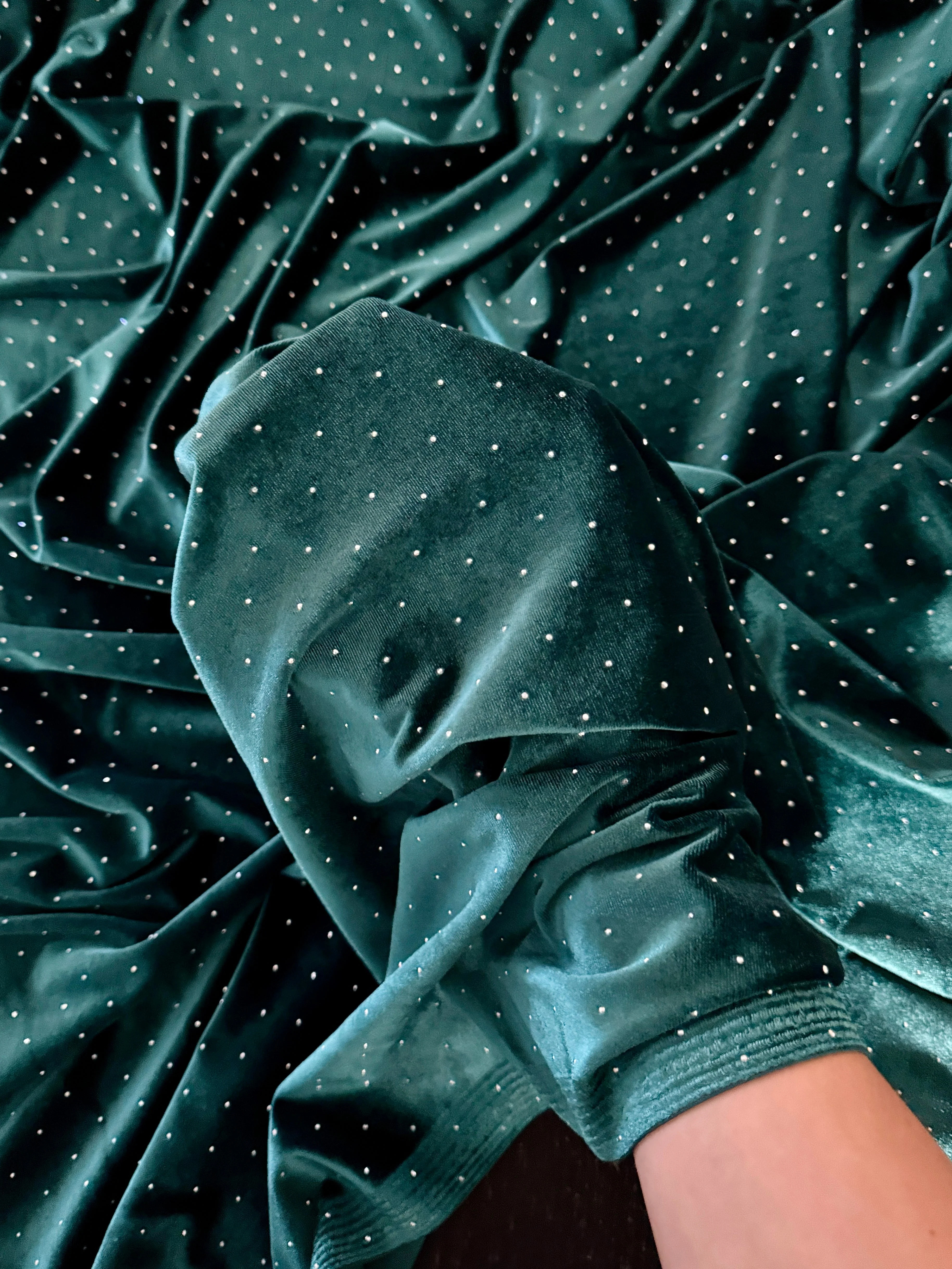 Teal Green Stardust Rhinestone Beaded Stretch Velvet - Image 8
