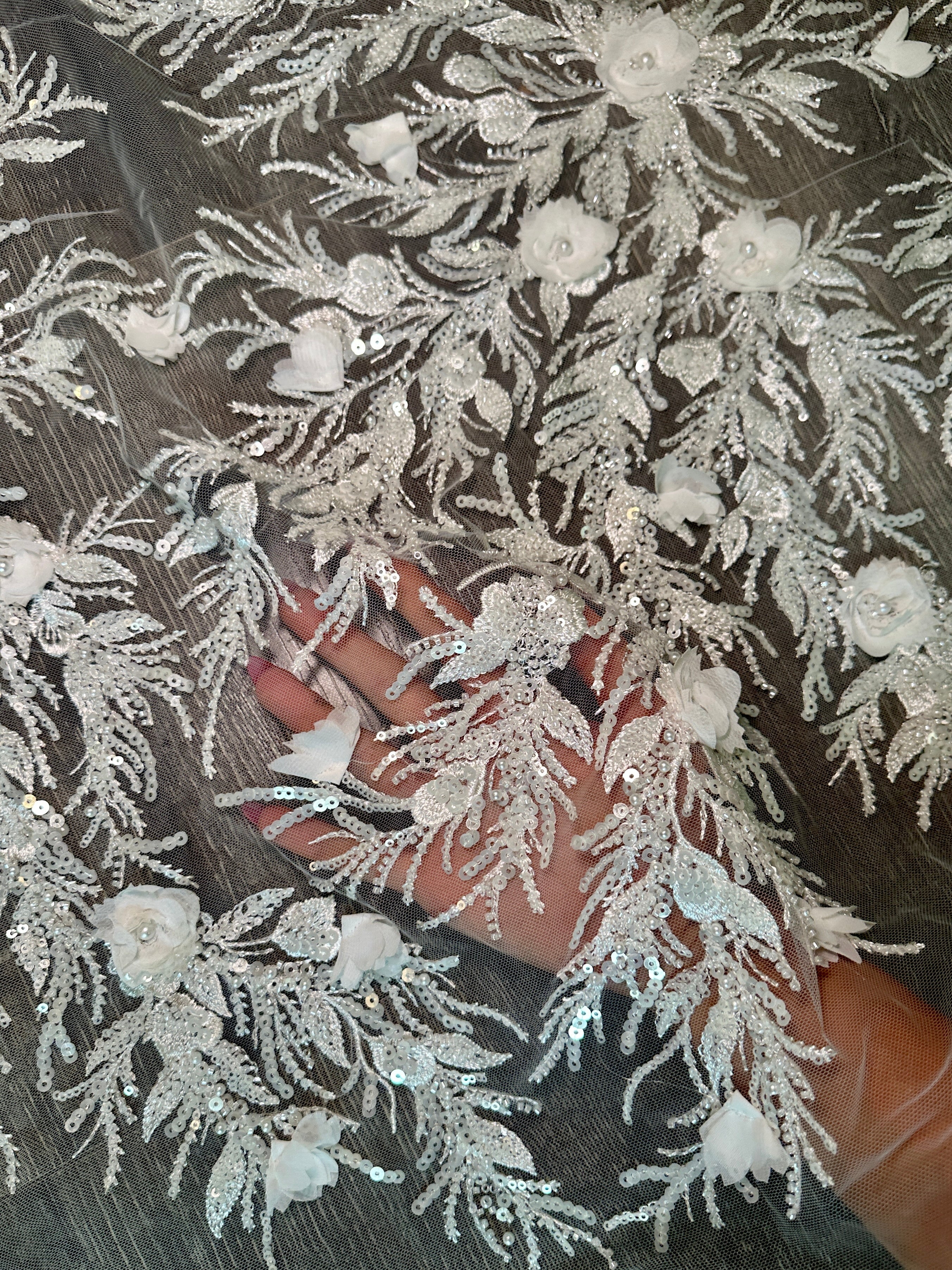 White 3D Floral Branch Sequin Beaded Lace - Image 10