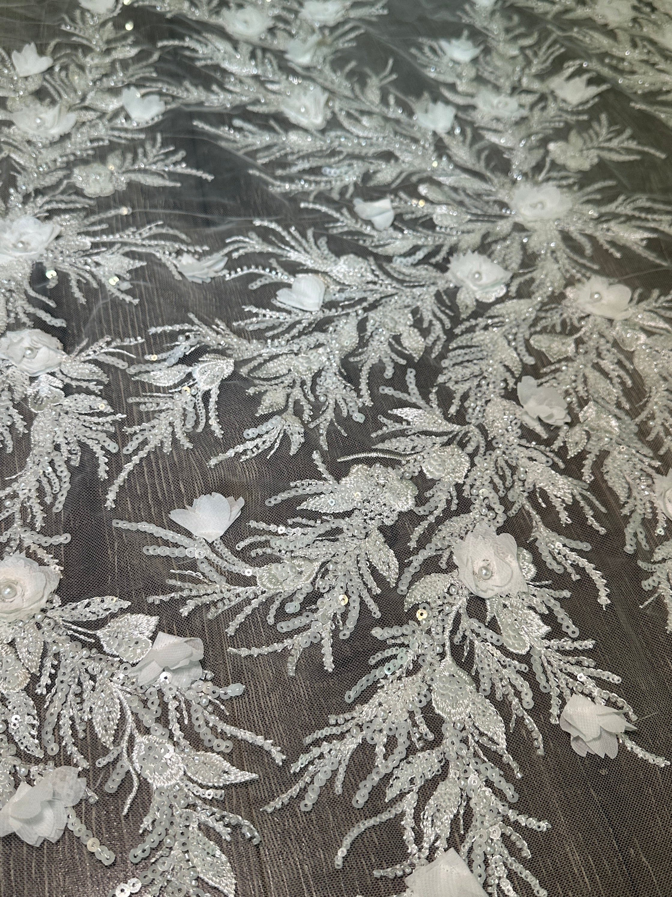 White 3D Floral Branch Sequin Beaded Lace - Image 3