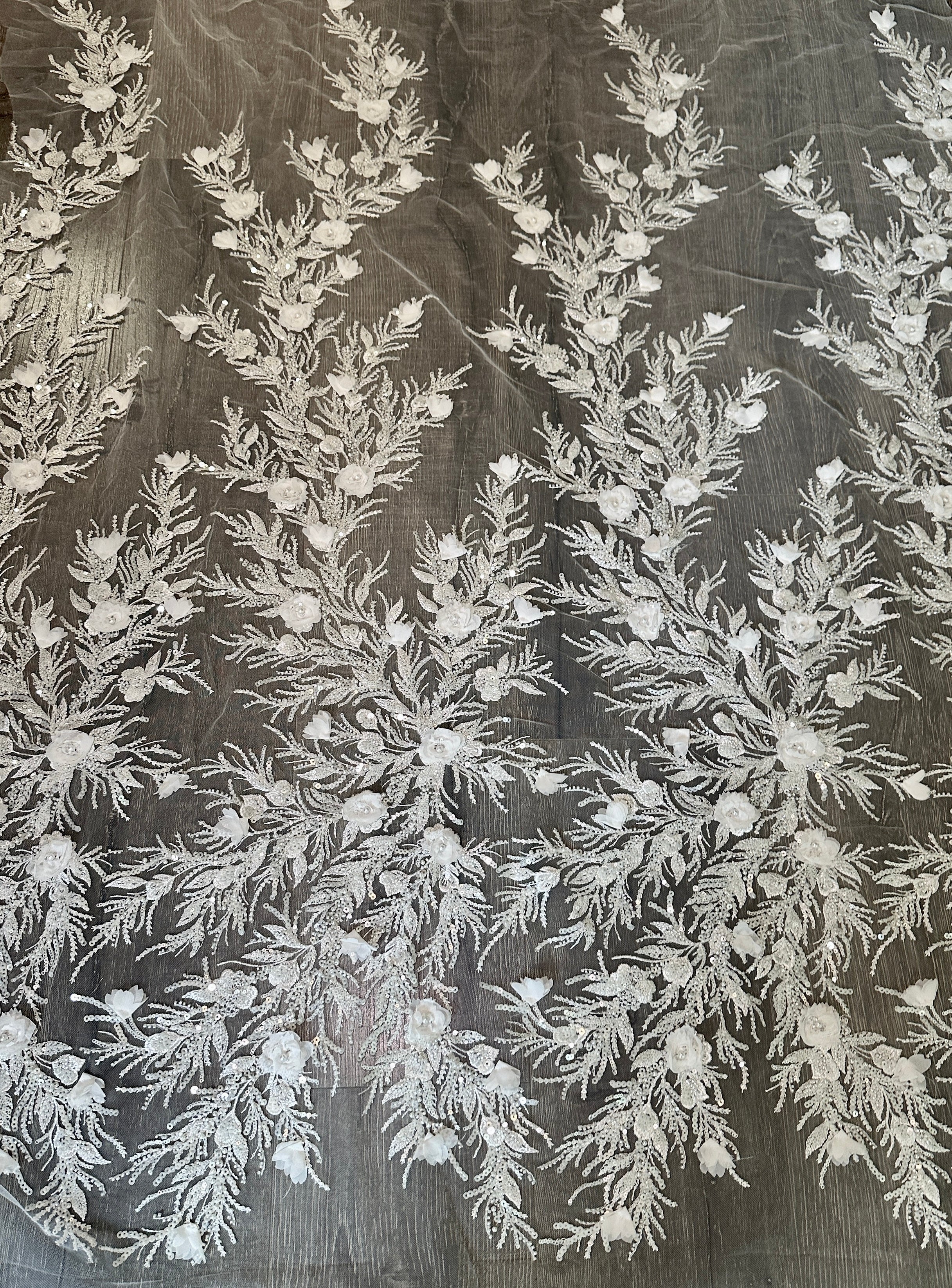 White 3D Floral Branch Sequin Beaded Lace - Image 4