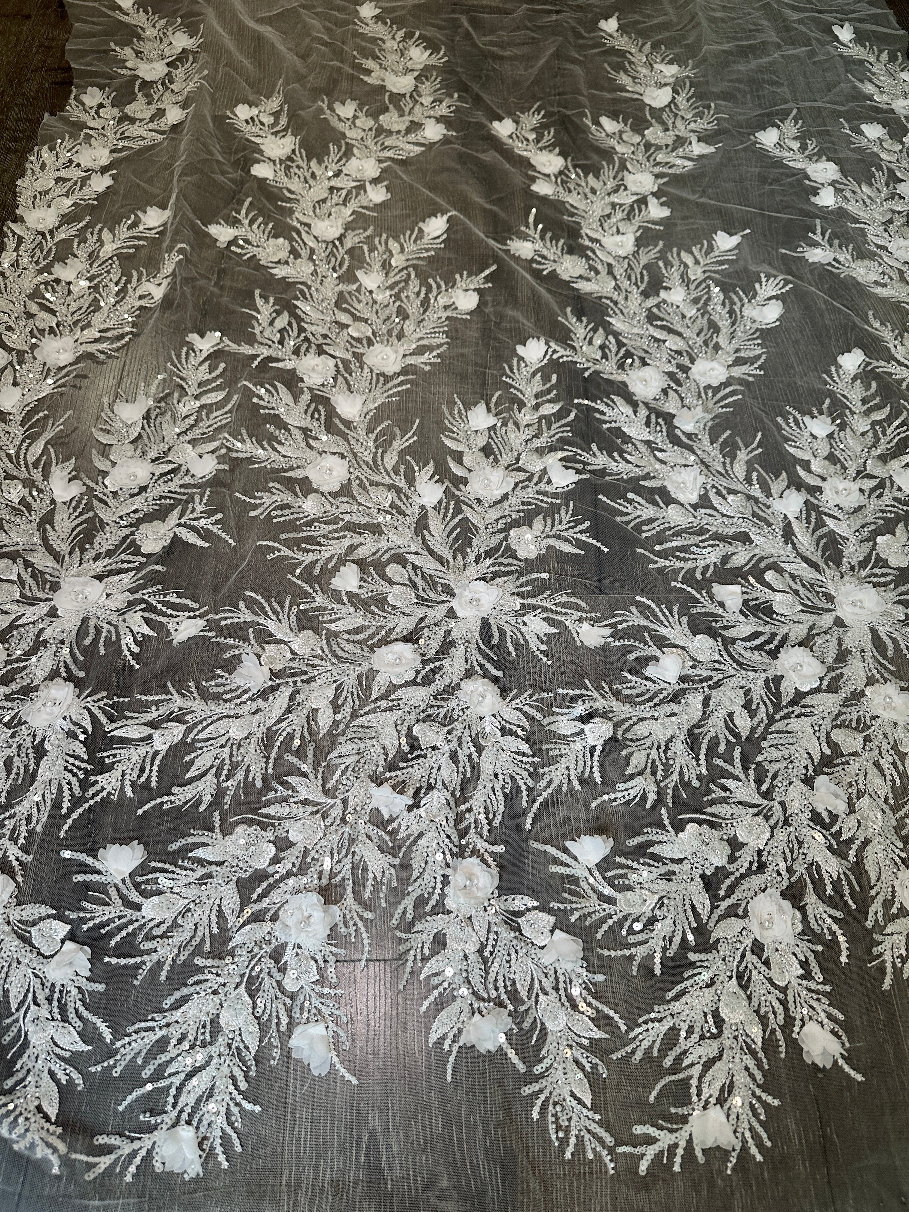 White 3D Floral Branch Sequin Beaded Lace - Image 5