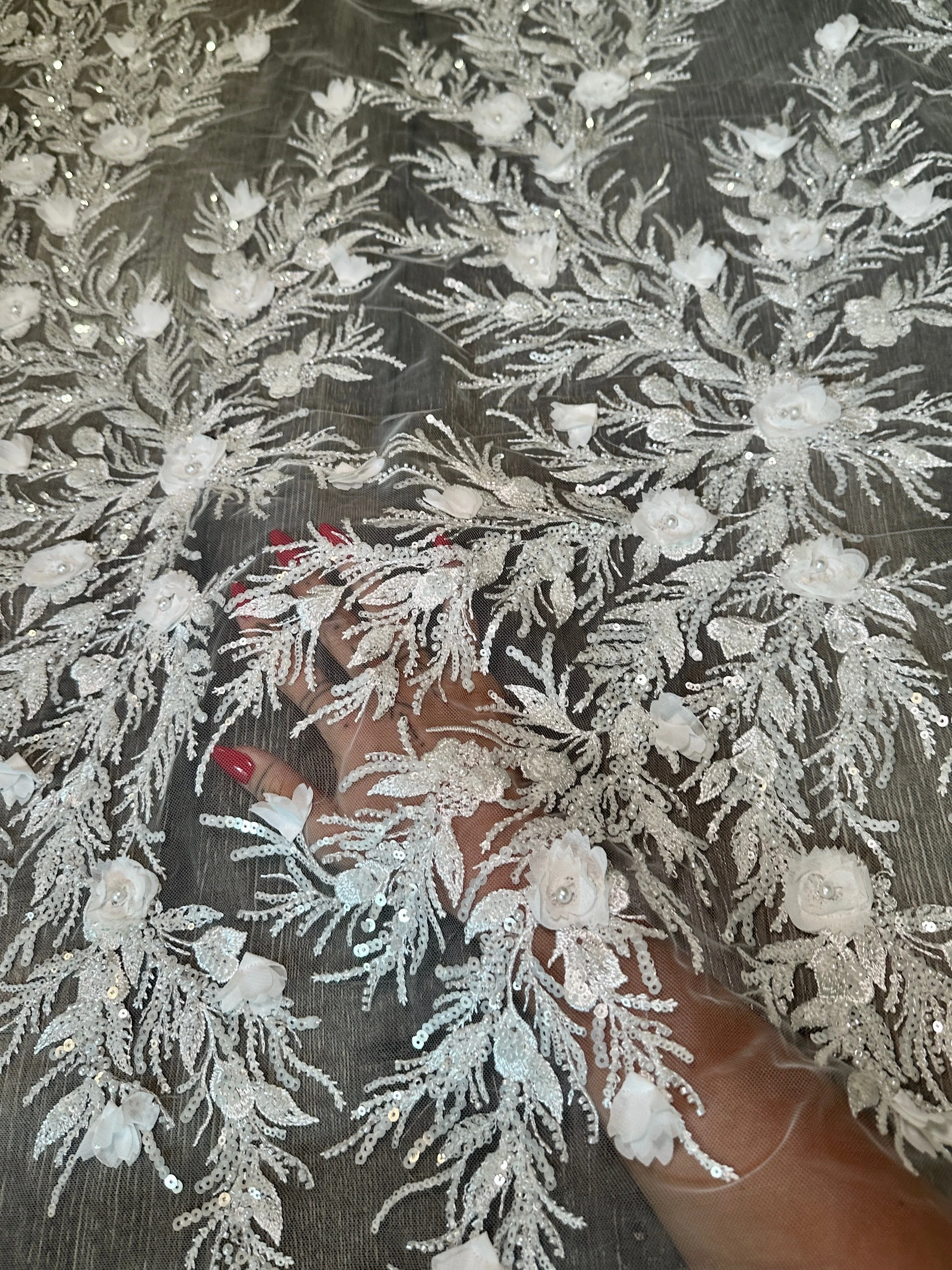 White 3D Floral Branch Sequin Beaded Lace - Image 6