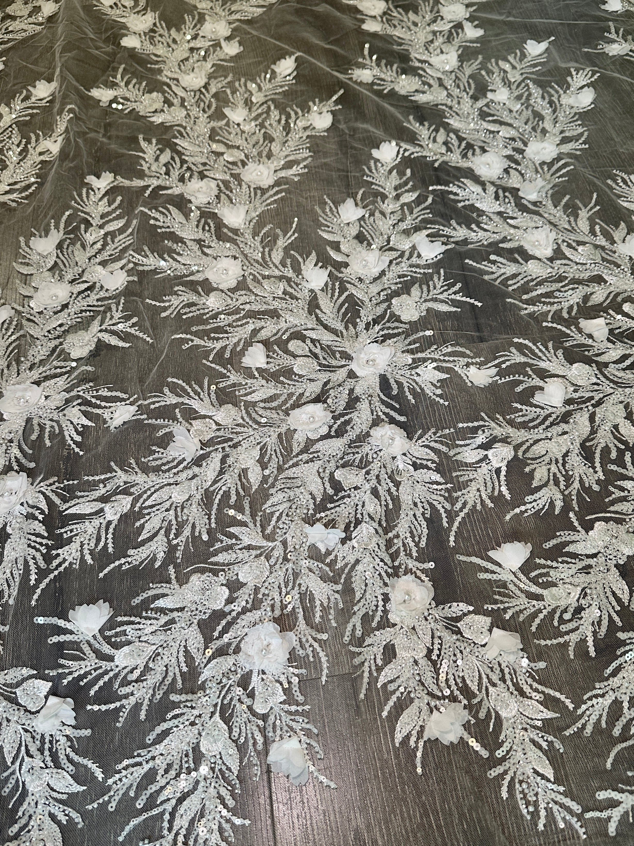 White 3D Floral Branch Sequin Beaded Lace - Image 7