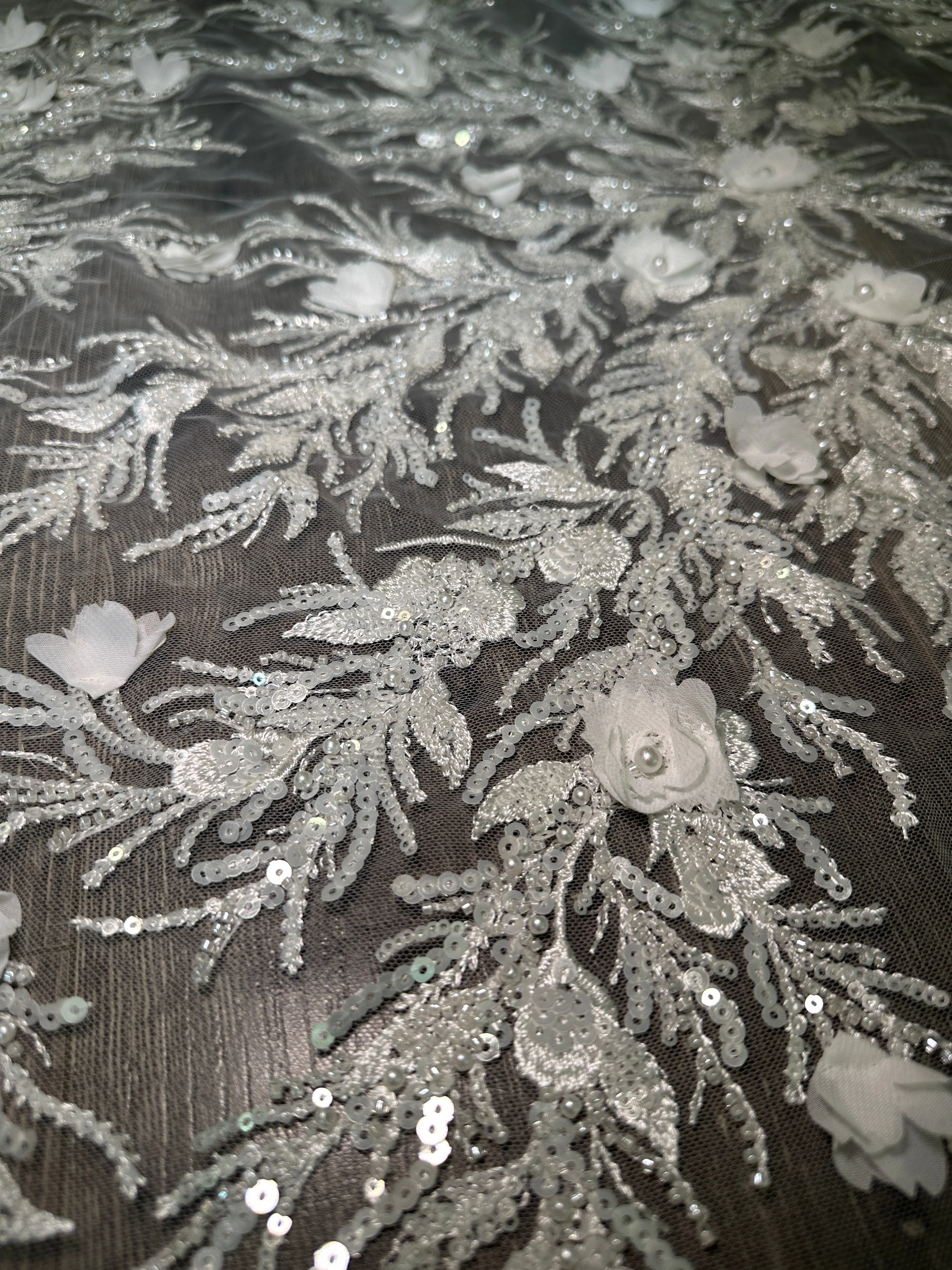 White 3D Floral Branch Sequin Beaded Lace - Image 8