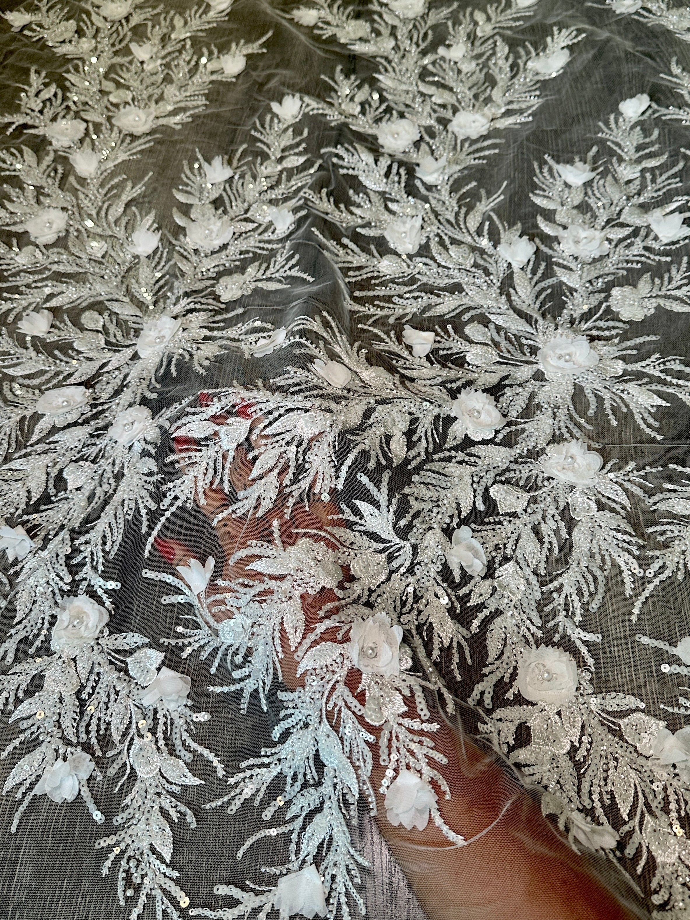 White 3D Floral Branch Sequin Beaded Lace - Image 9