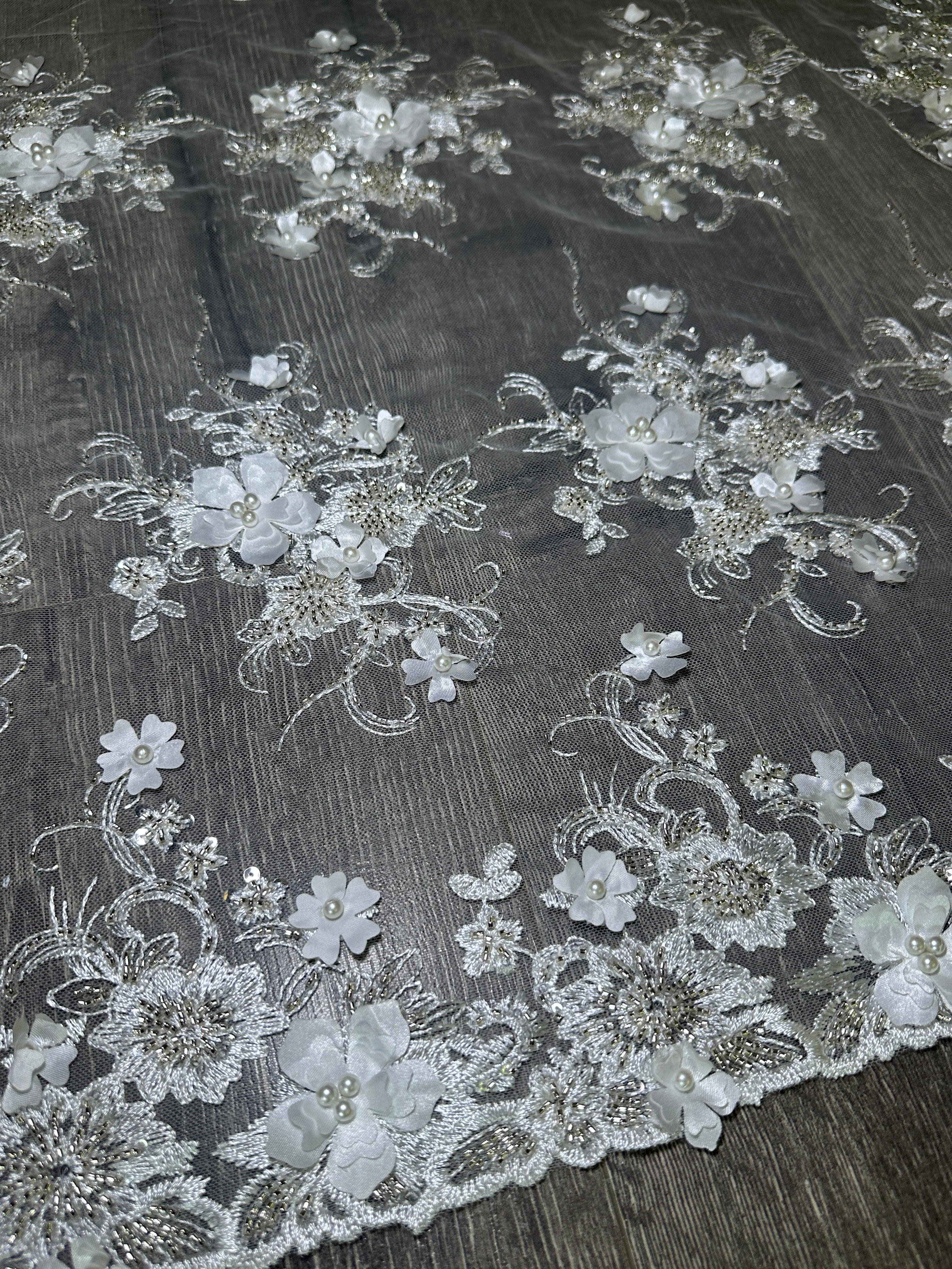 White 3D Floral Embroidered Beaded Tulle Lace - Image 2