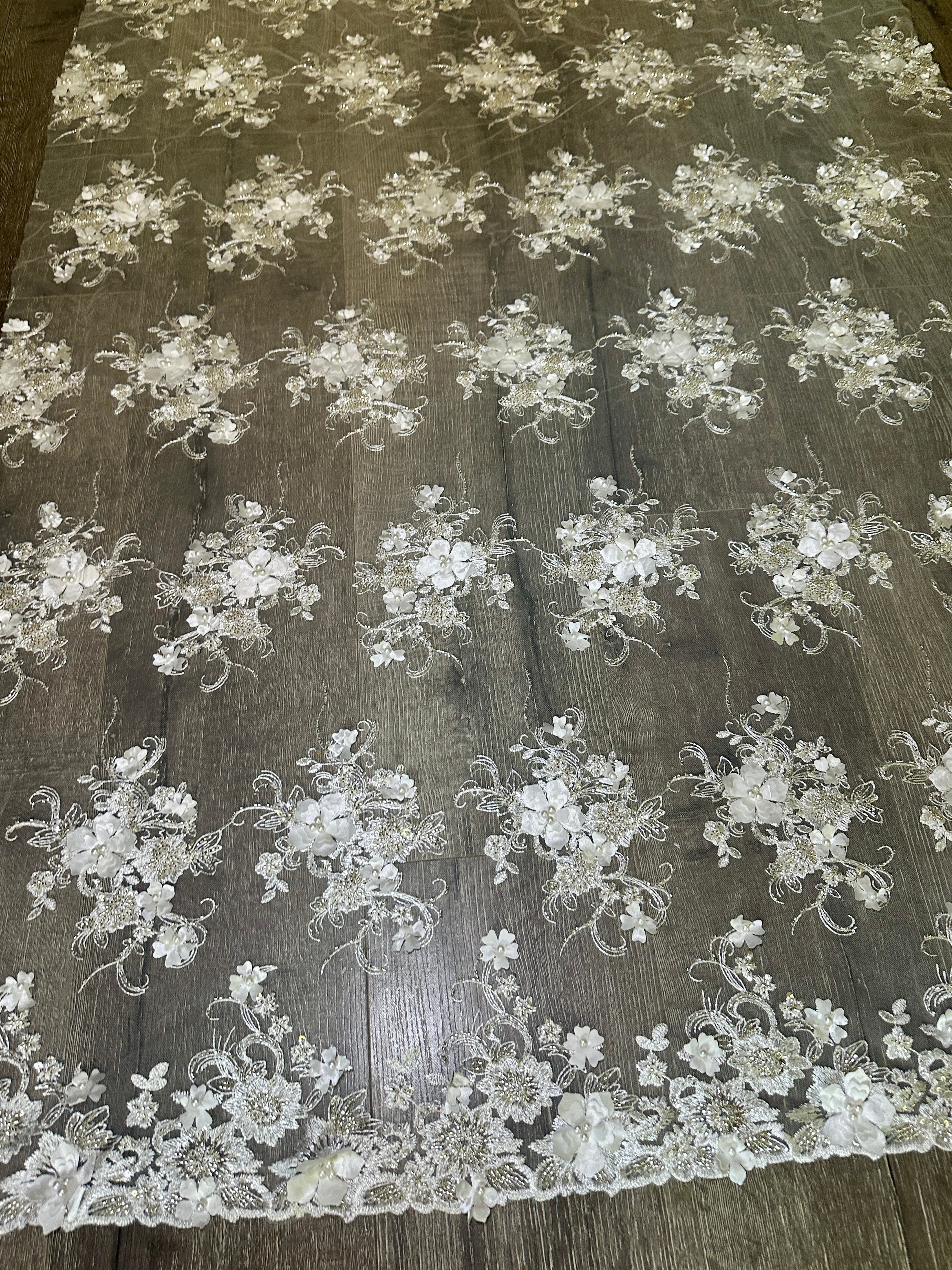 White 3D Floral Embroidered Beaded Tulle Lace - Image 3