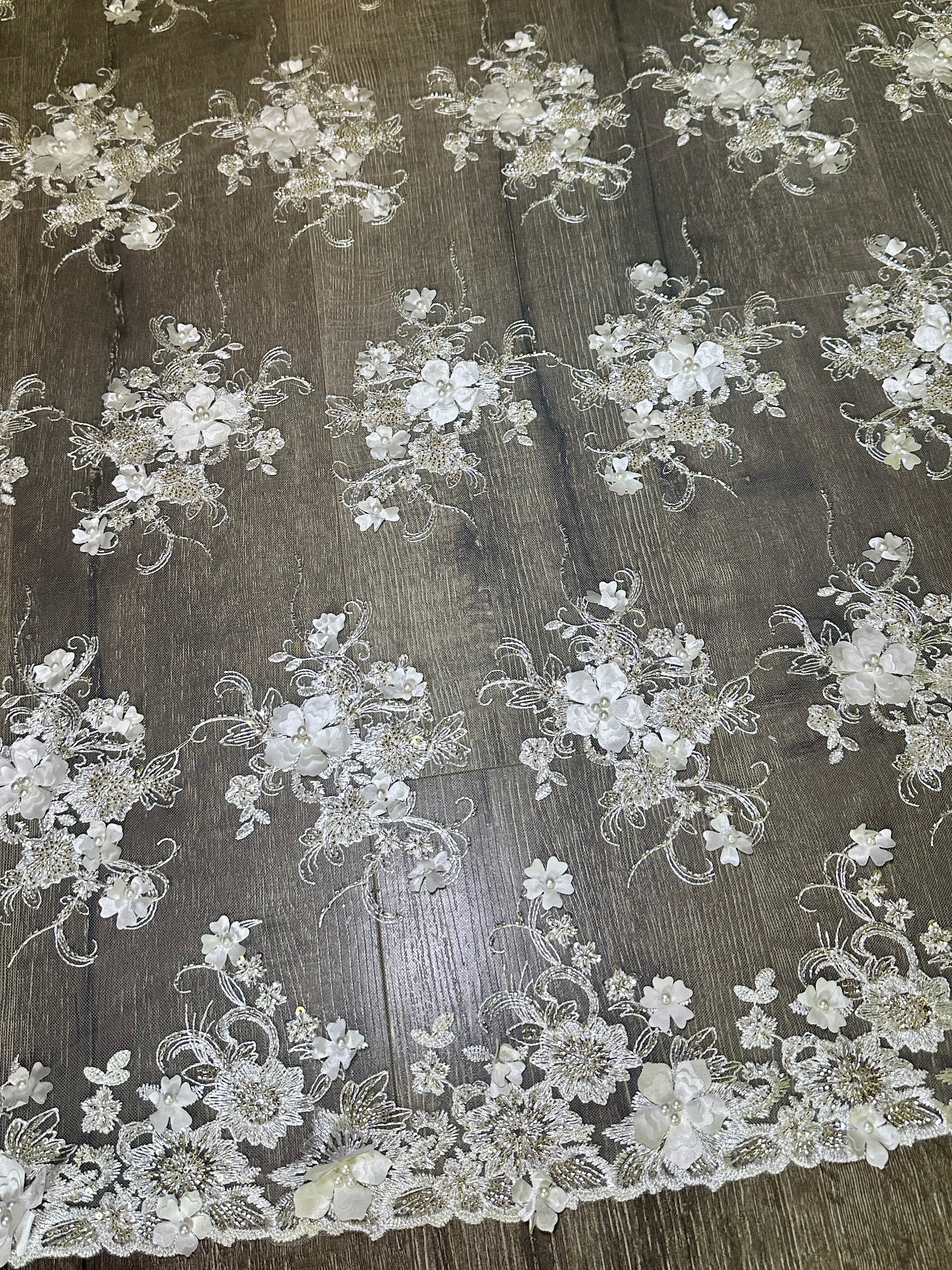 White 3D Floral Embroidered Beaded Tulle Lace - Image 5