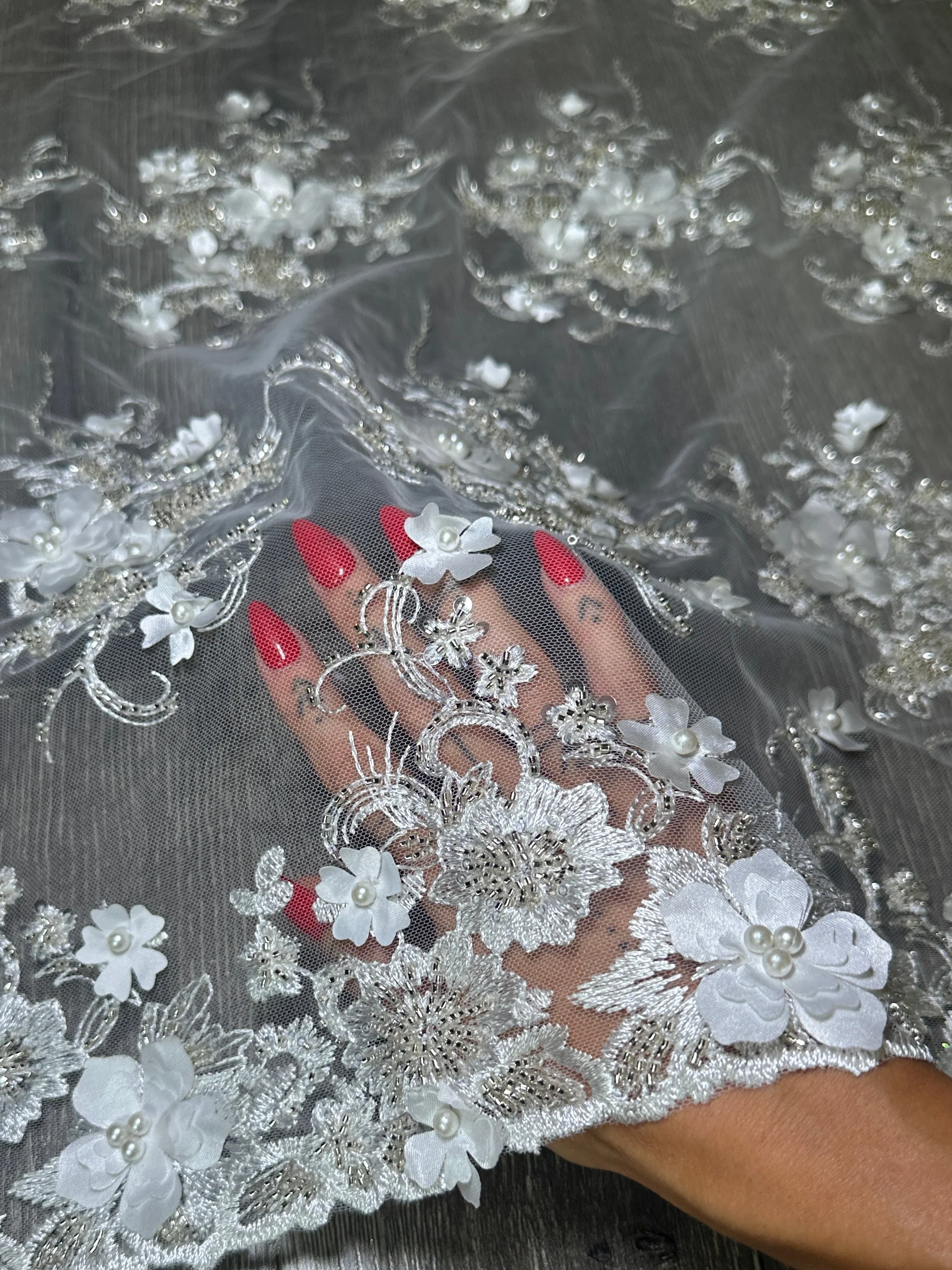 White 3D Floral Embroidered Beaded Tulle Lace - Image 6