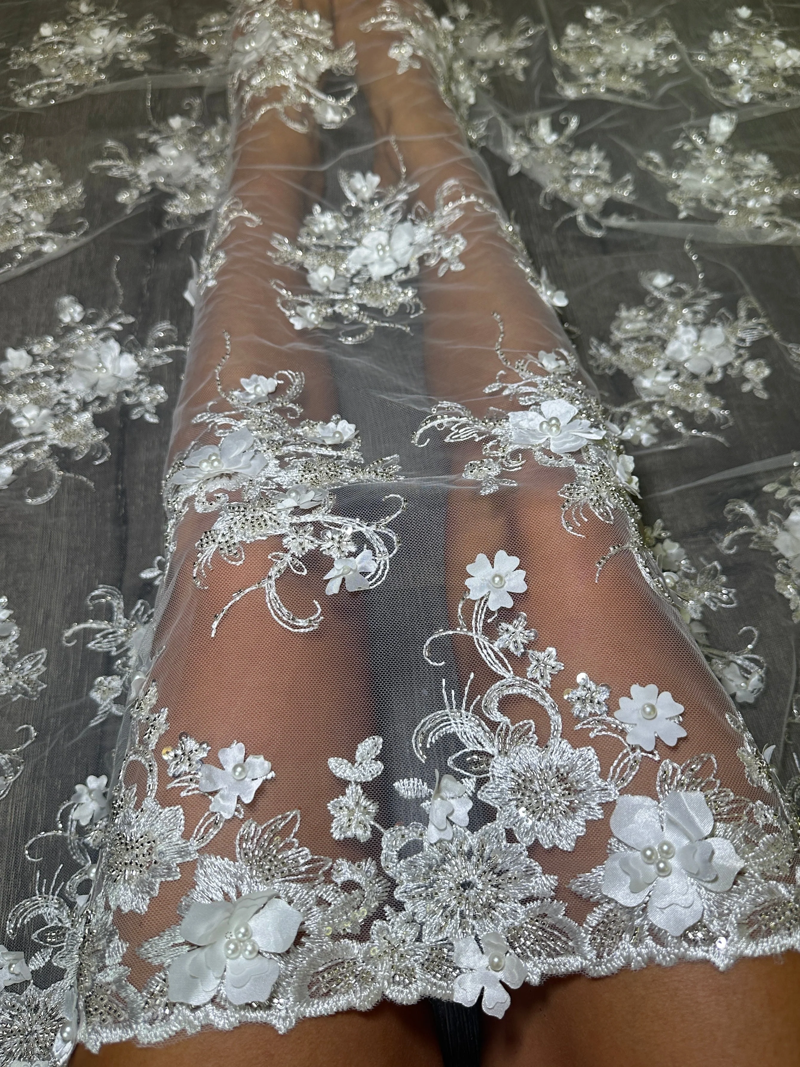 White 3D Floral Embroidered Beaded Tulle Lace - Image 7