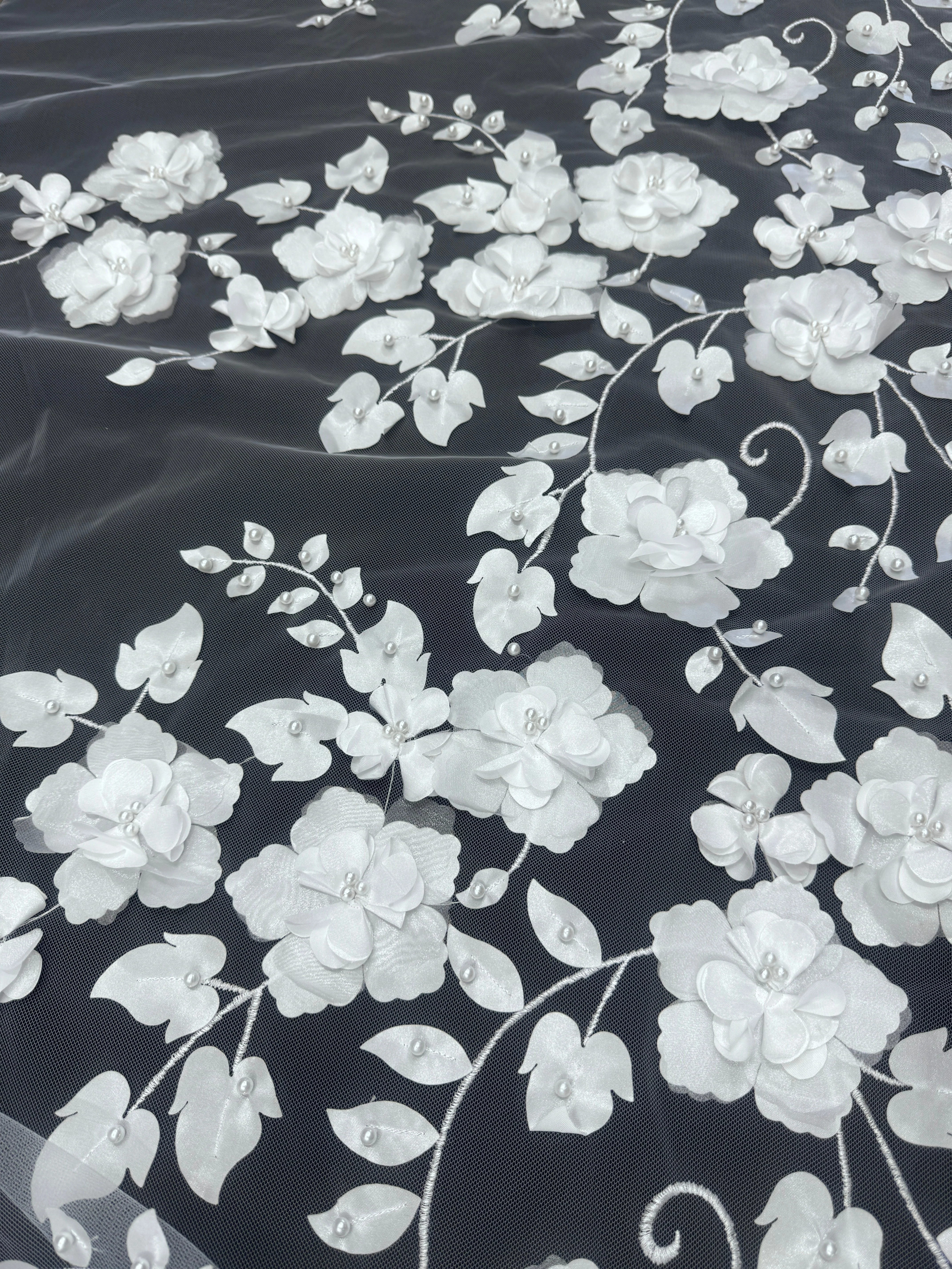 White 3D Flower Beaded Lace Mesh - Image 2