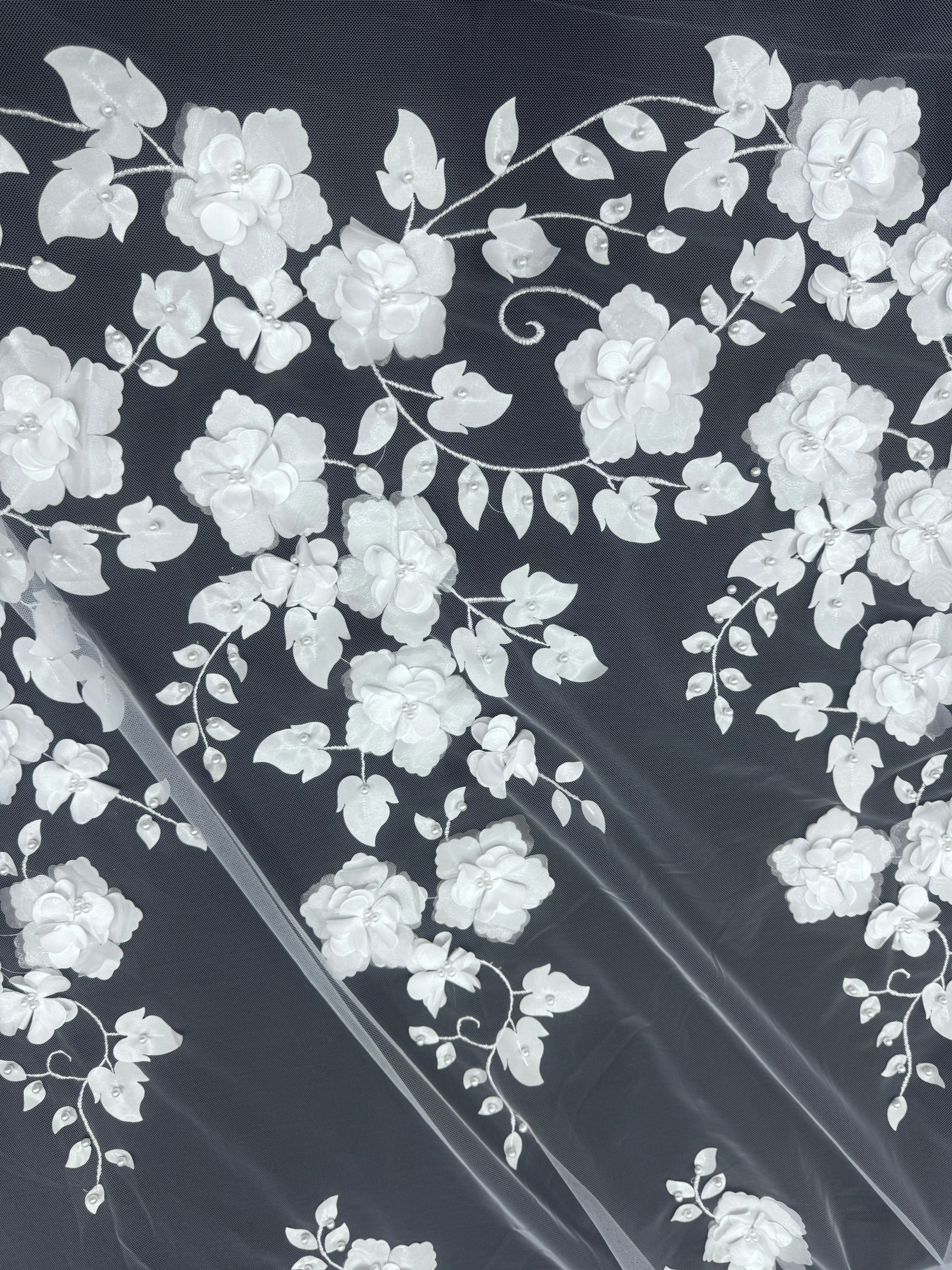 White 3D Flower Beaded Lace Mesh - Image 3