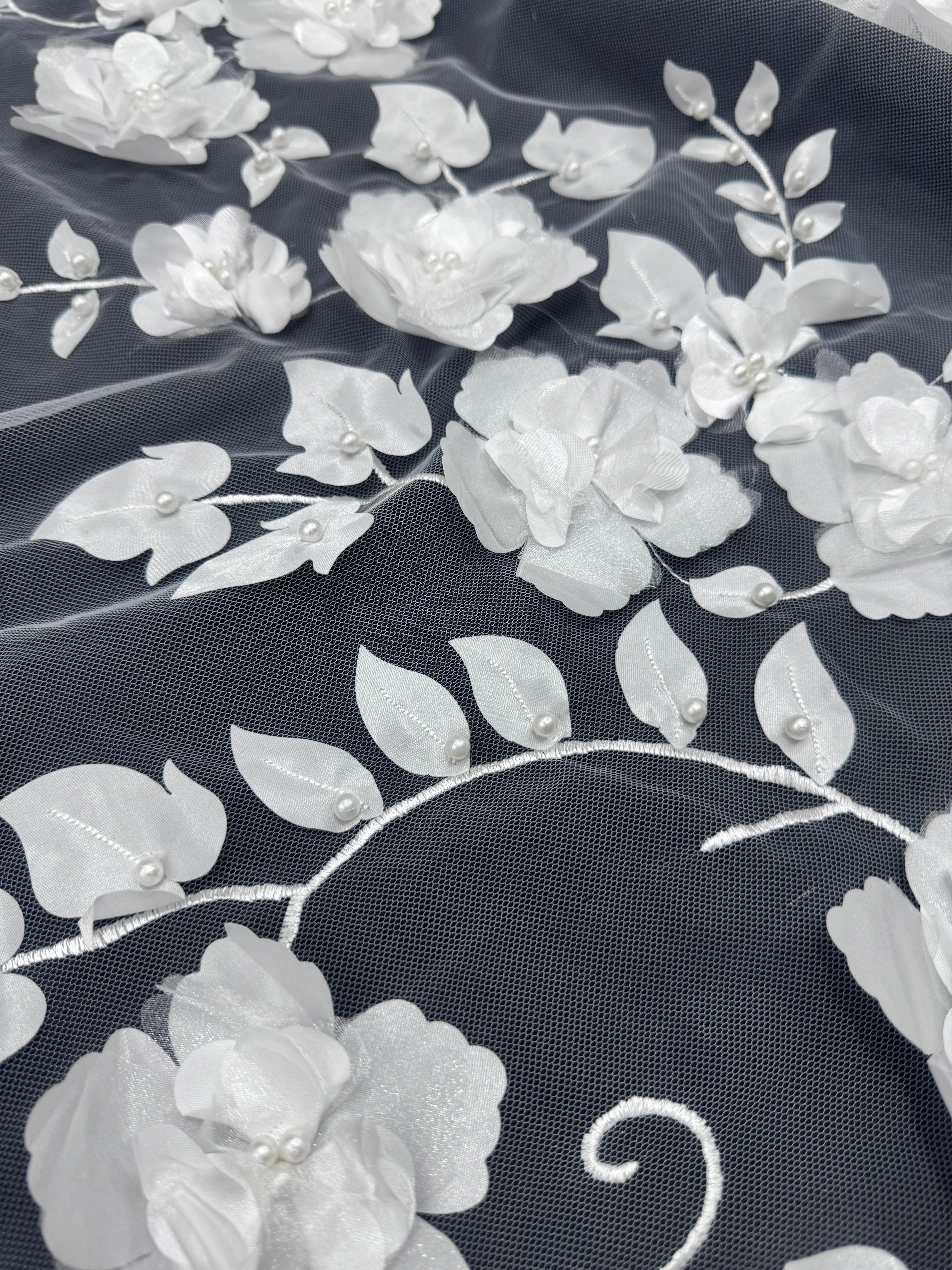 White 3D Flower Beaded Lace Mesh - Image 6