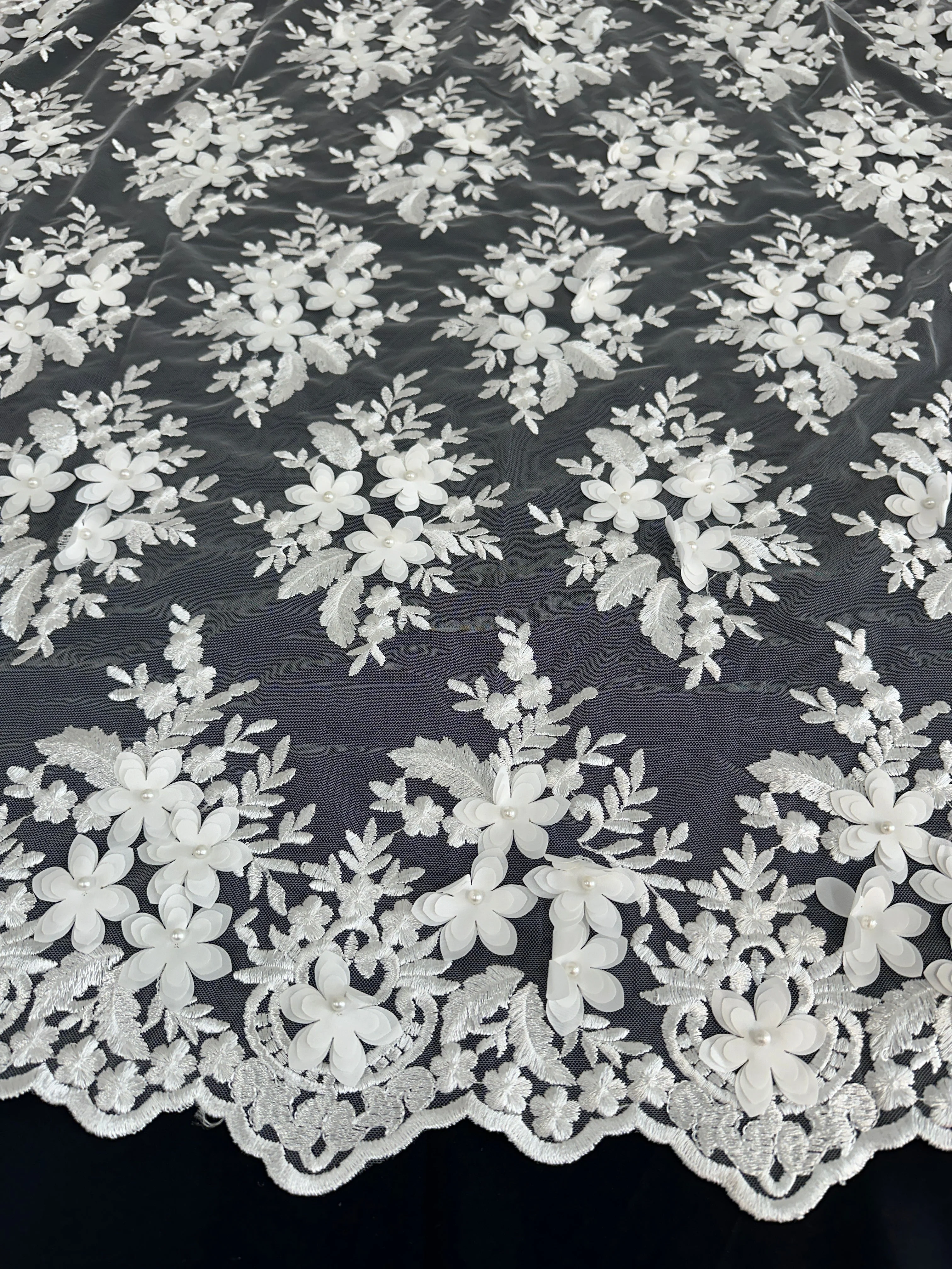White 3D Flower Scalloped Mesh Lace