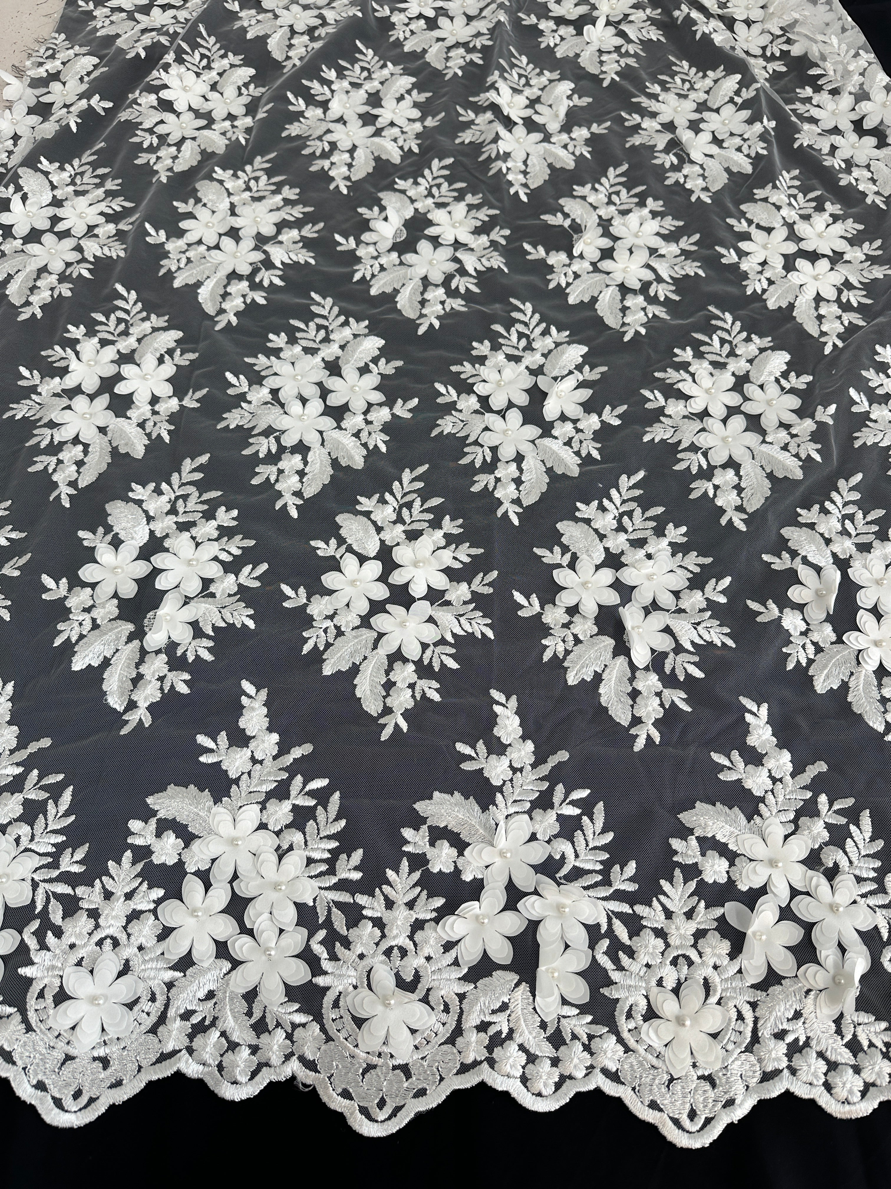 White 3D Flower Scalloped Mesh Lace - Image 2