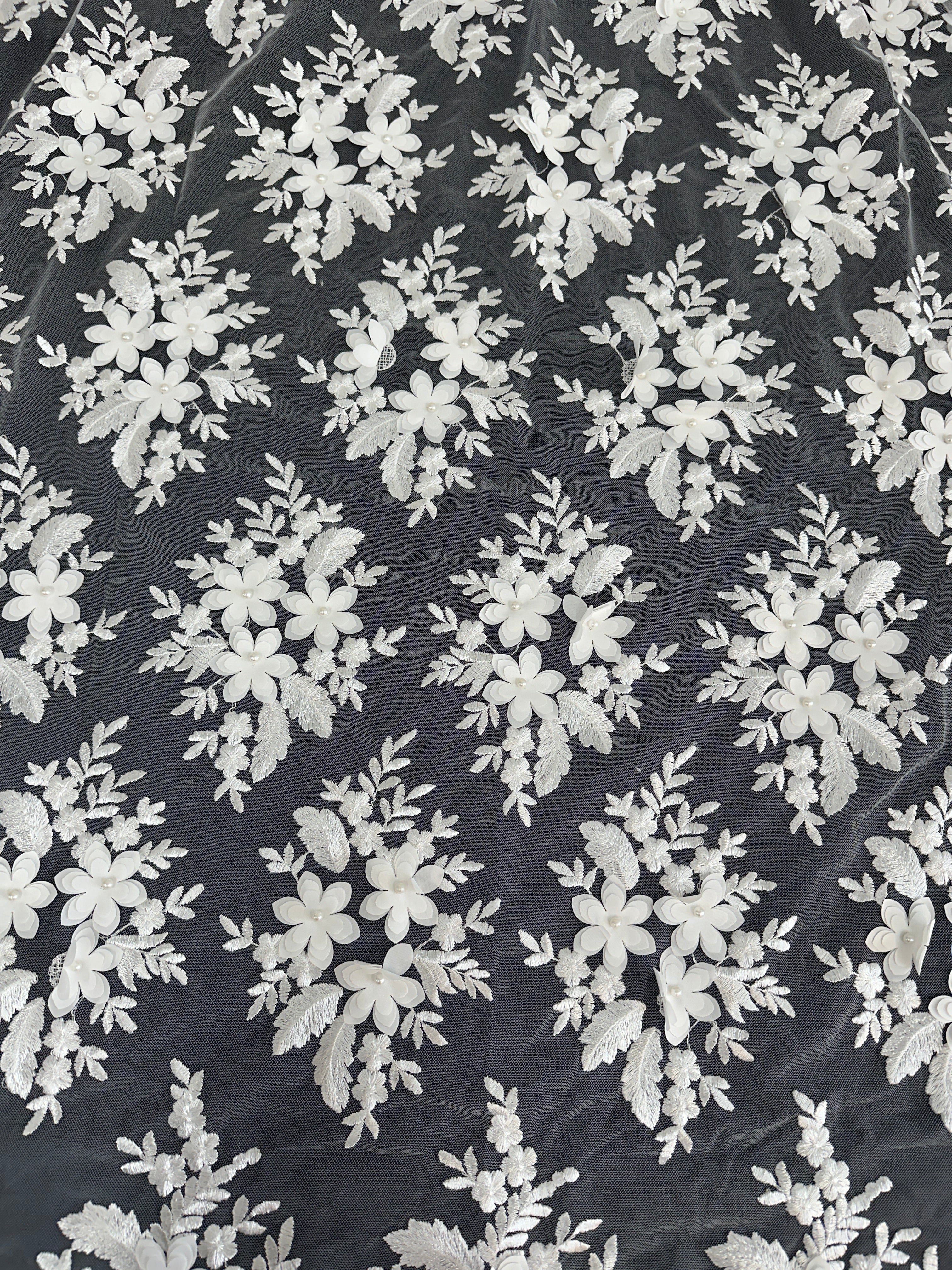 White 3D Flower Scalloped Mesh Lace - Image 3