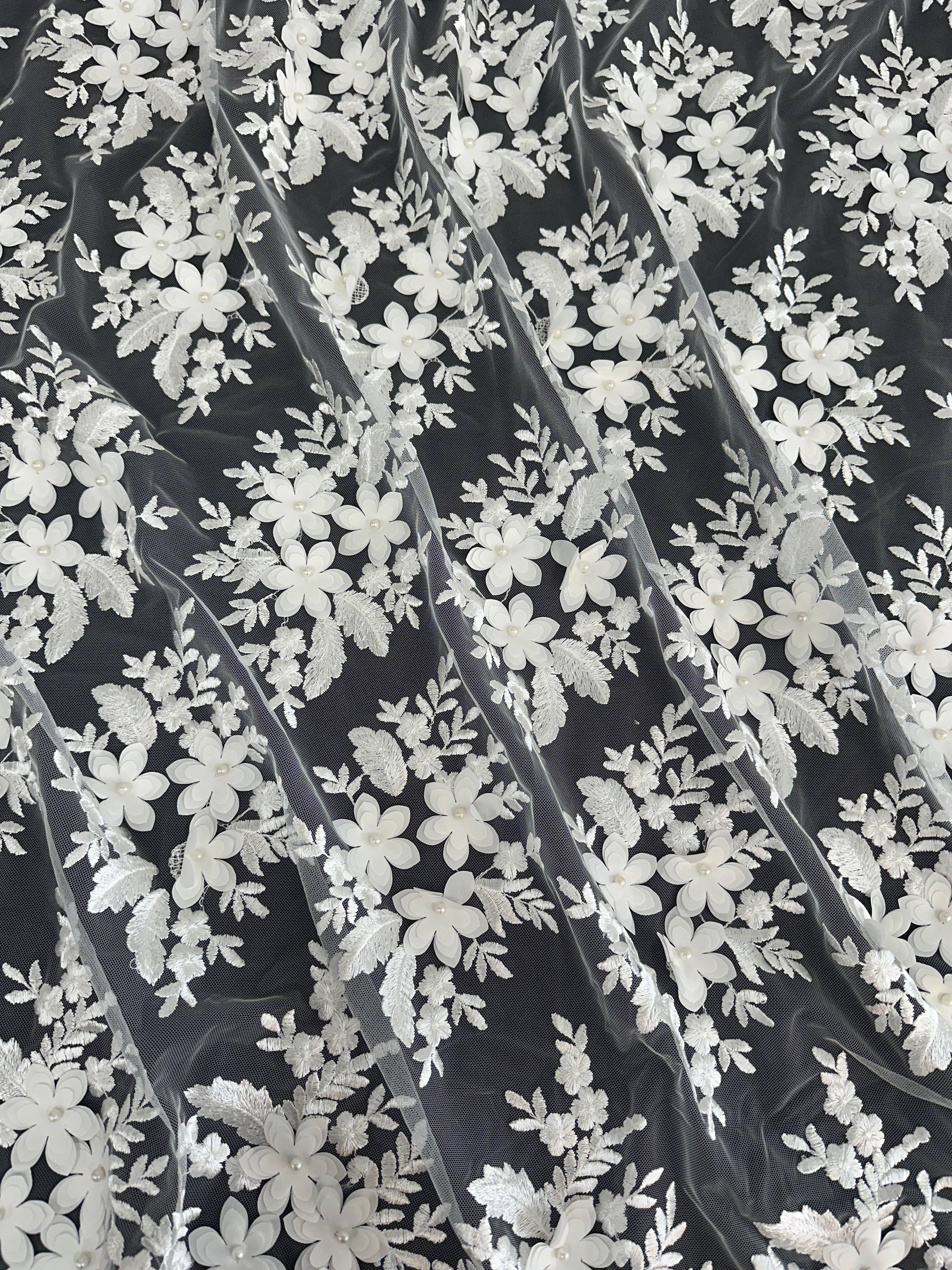 White 3D Flower Scalloped Mesh Lace - Image 4