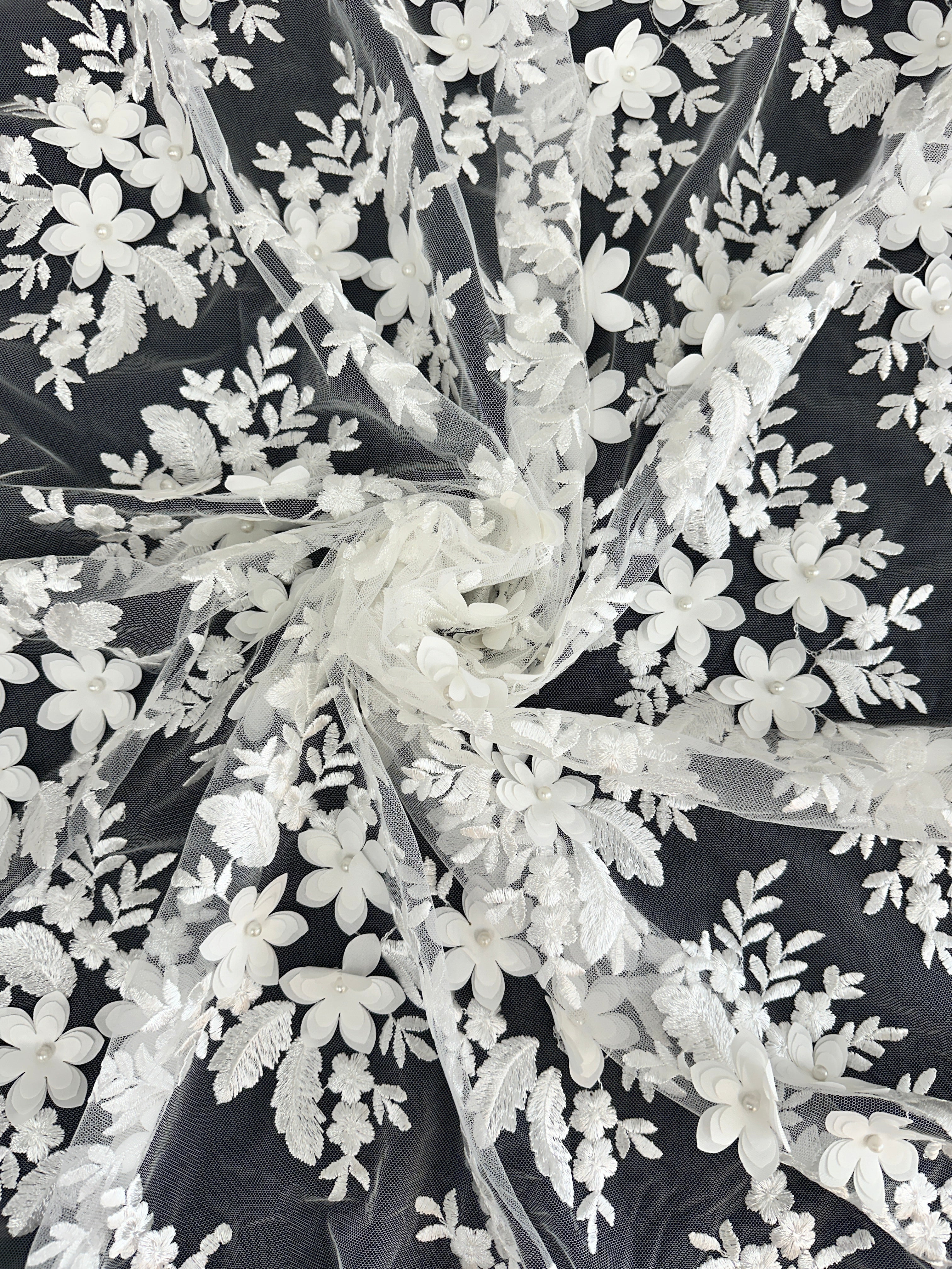 White 3D Flower Scalloped Mesh Lace - Image 5