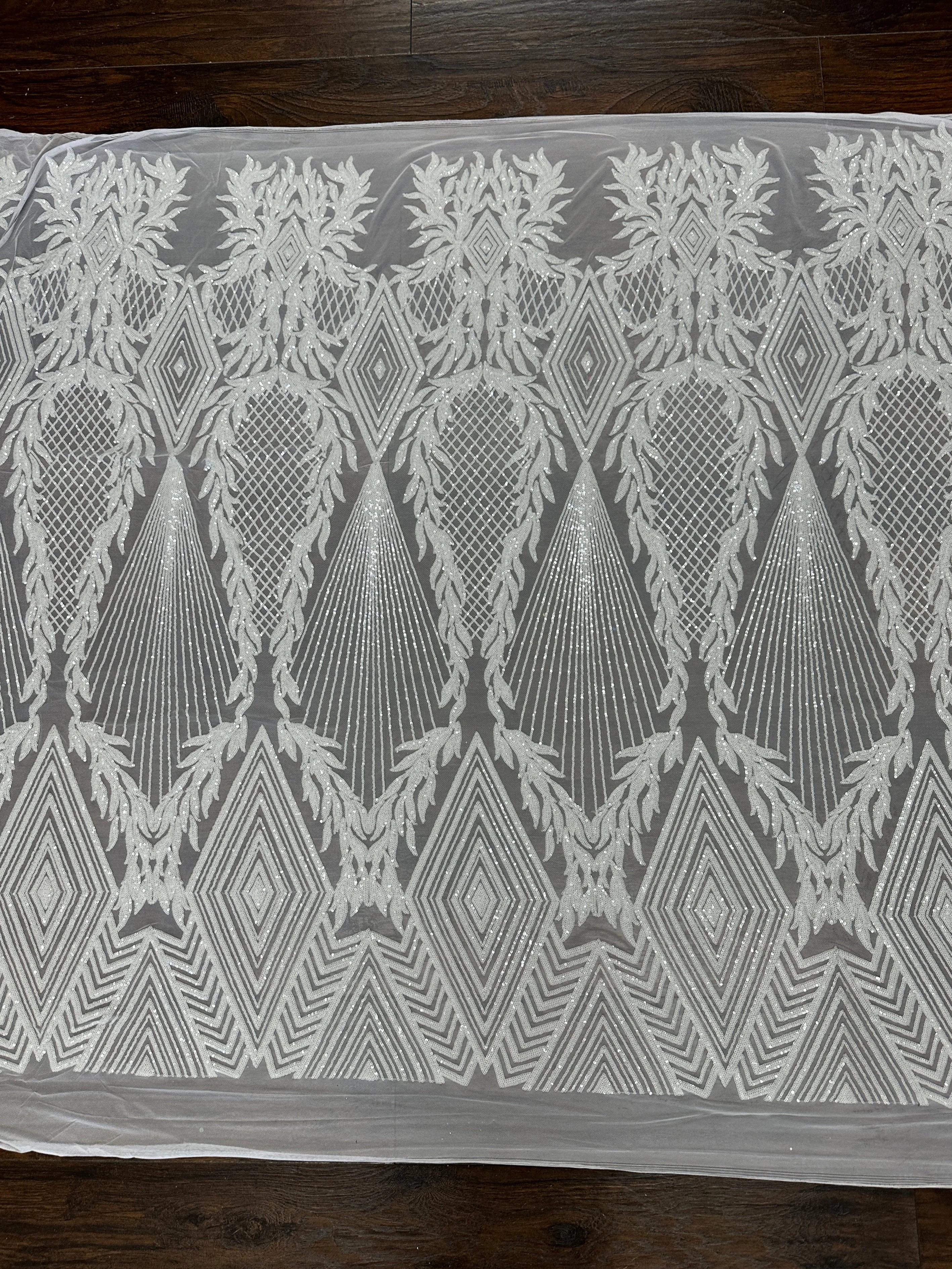 White Embroidered Curlicue Sequins on Mesh
