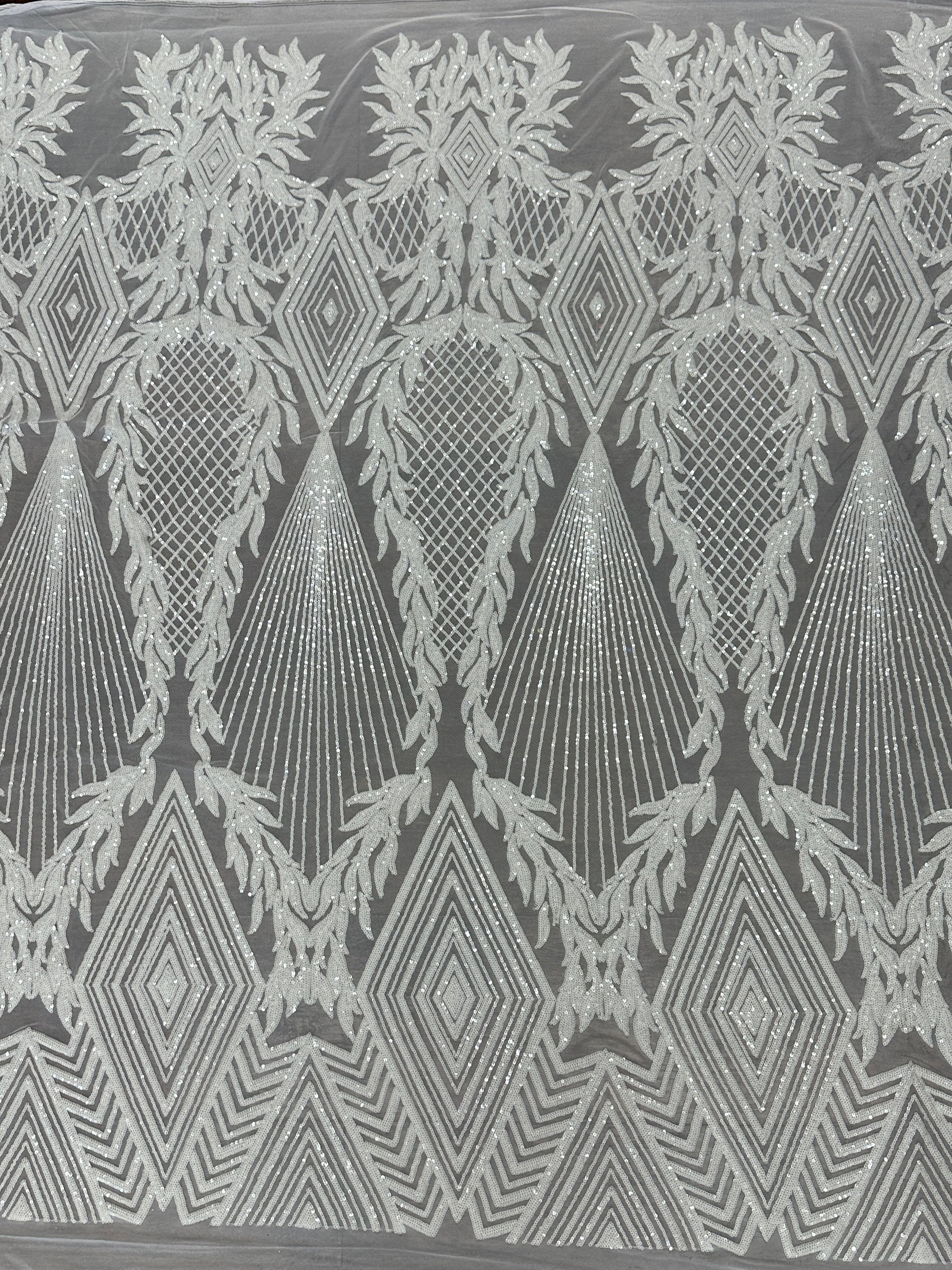 White Embroidered Curlicue Sequins on Mesh - Image 2