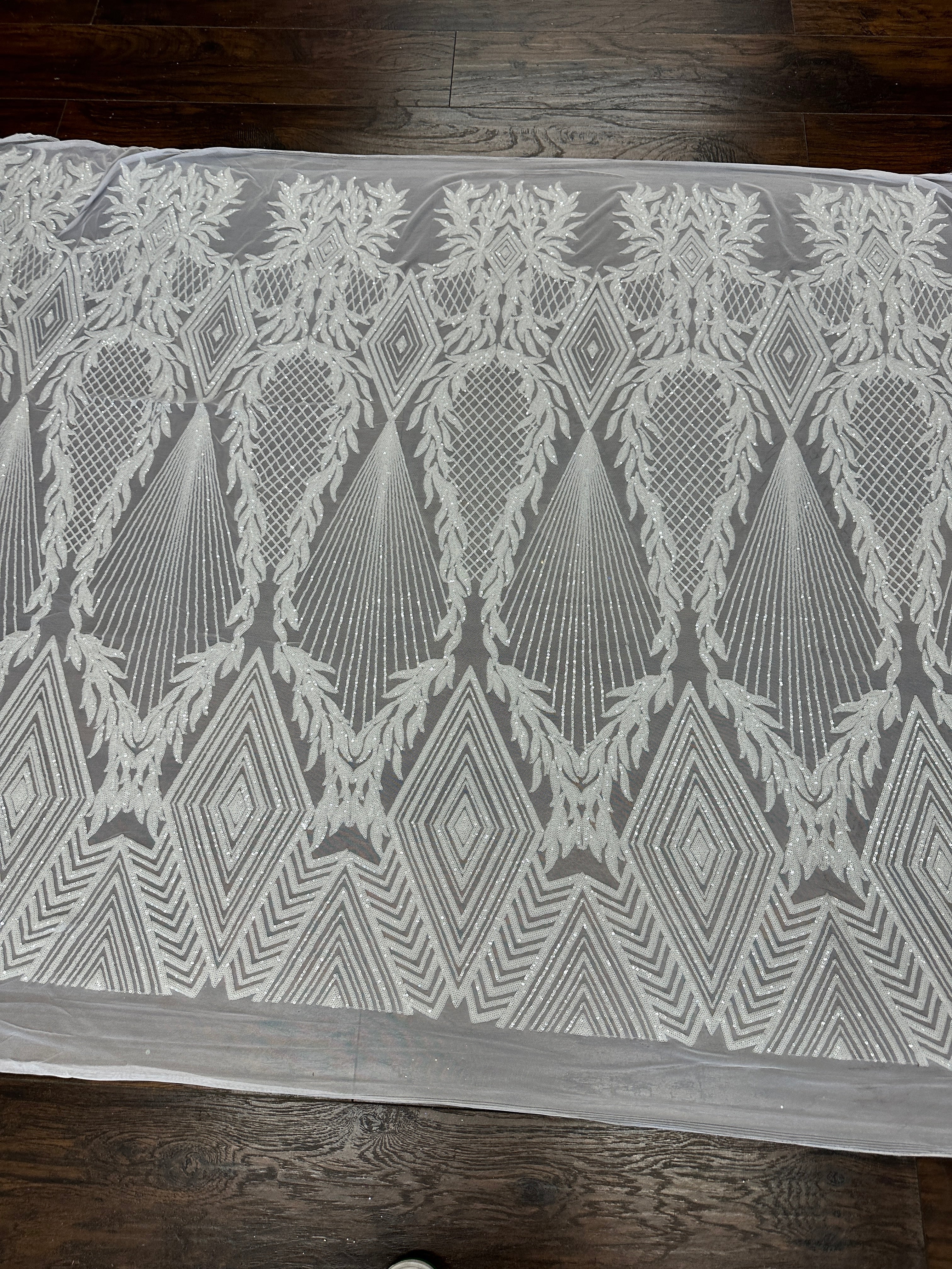 White Embroidered Curlicue Sequins on Mesh - Image 3