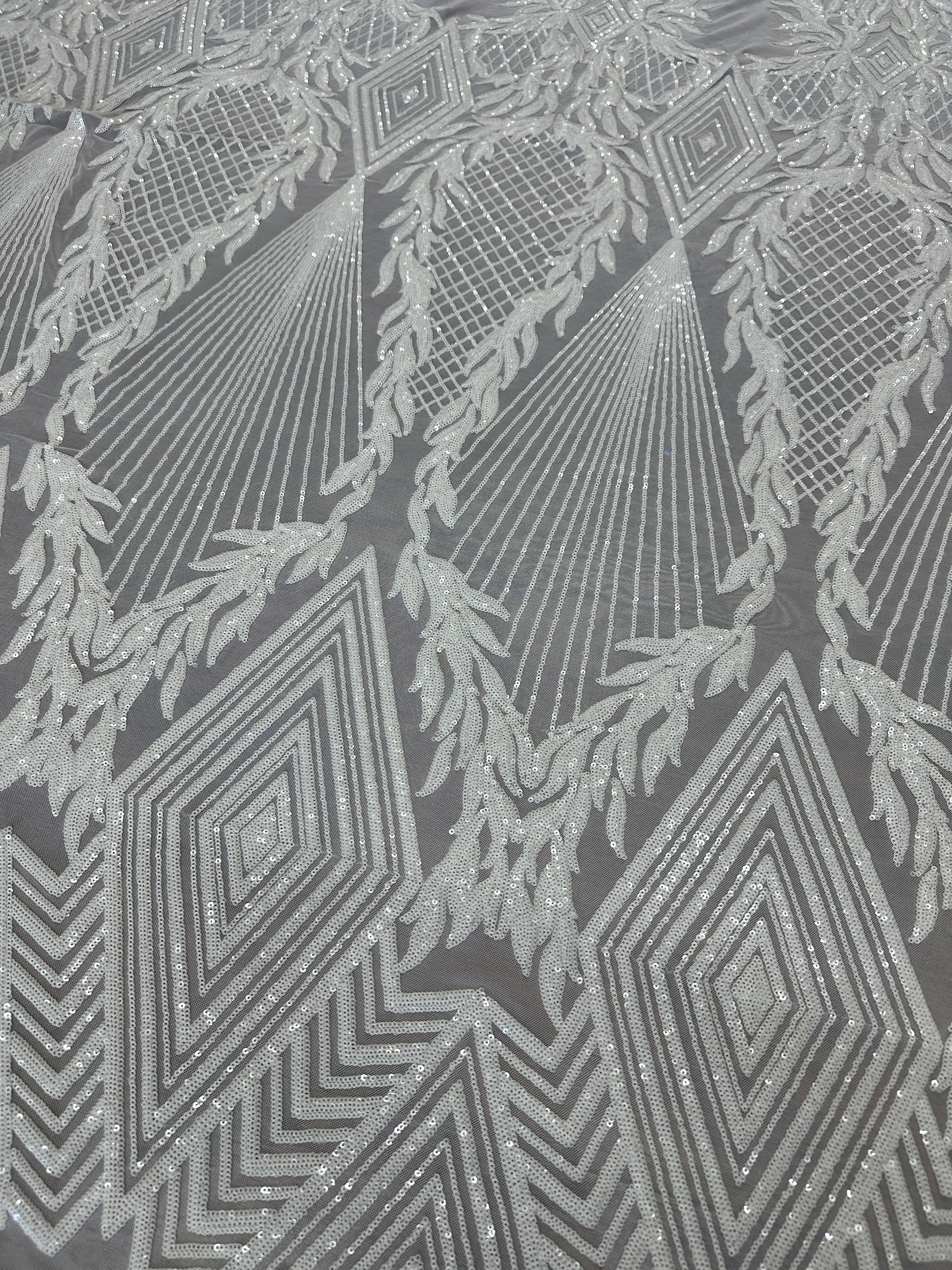 White Embroidered Curlicue Sequins on Mesh - Image 4
