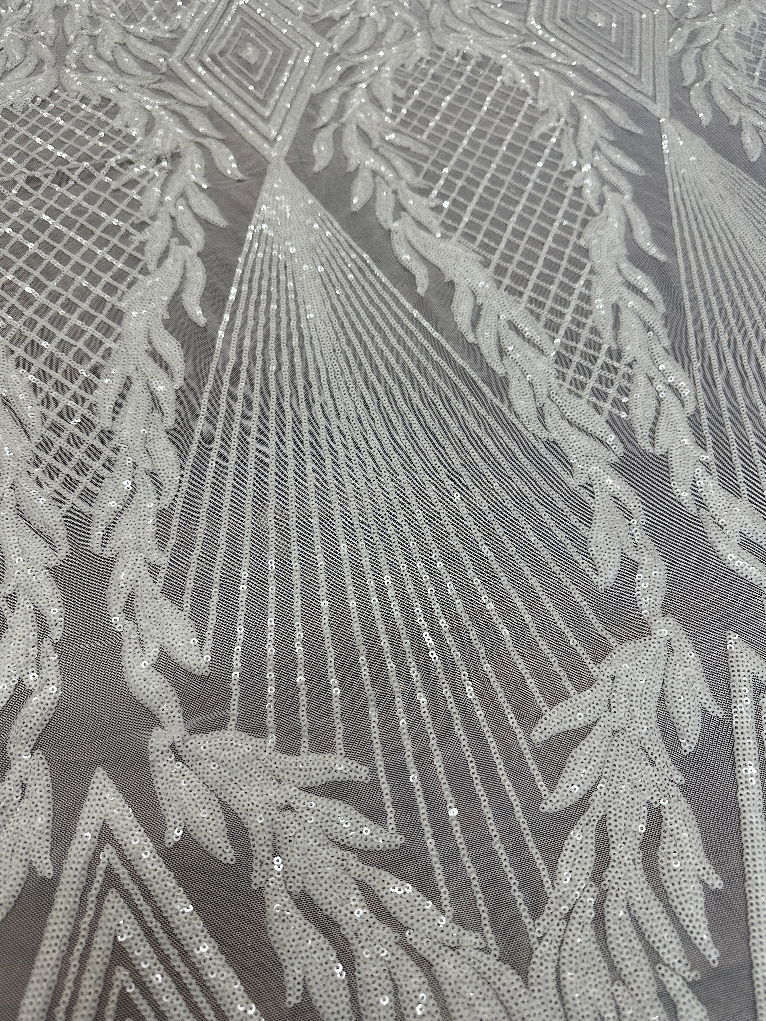 White Embroidered Curlicue Sequins on Mesh - Image 5