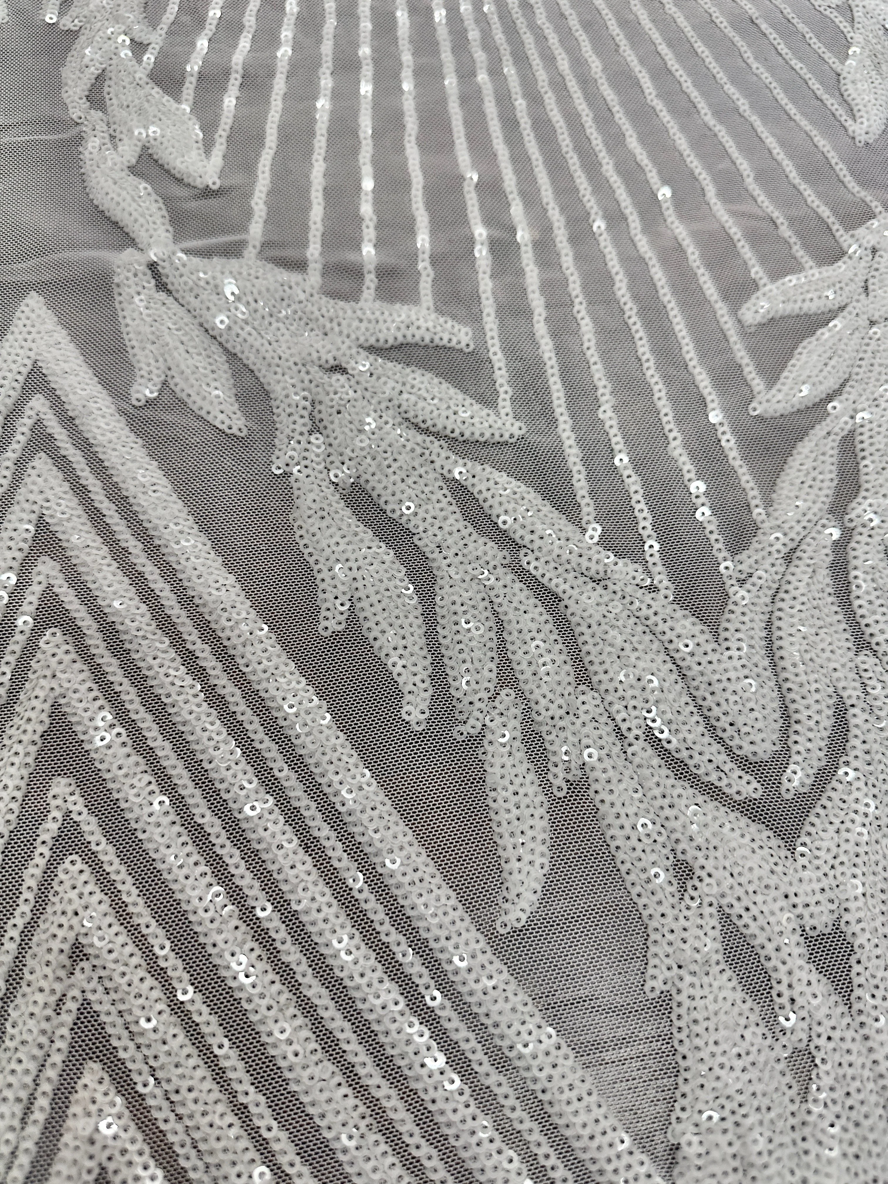 White Embroidered Curlicue Sequins on Mesh - Image 6