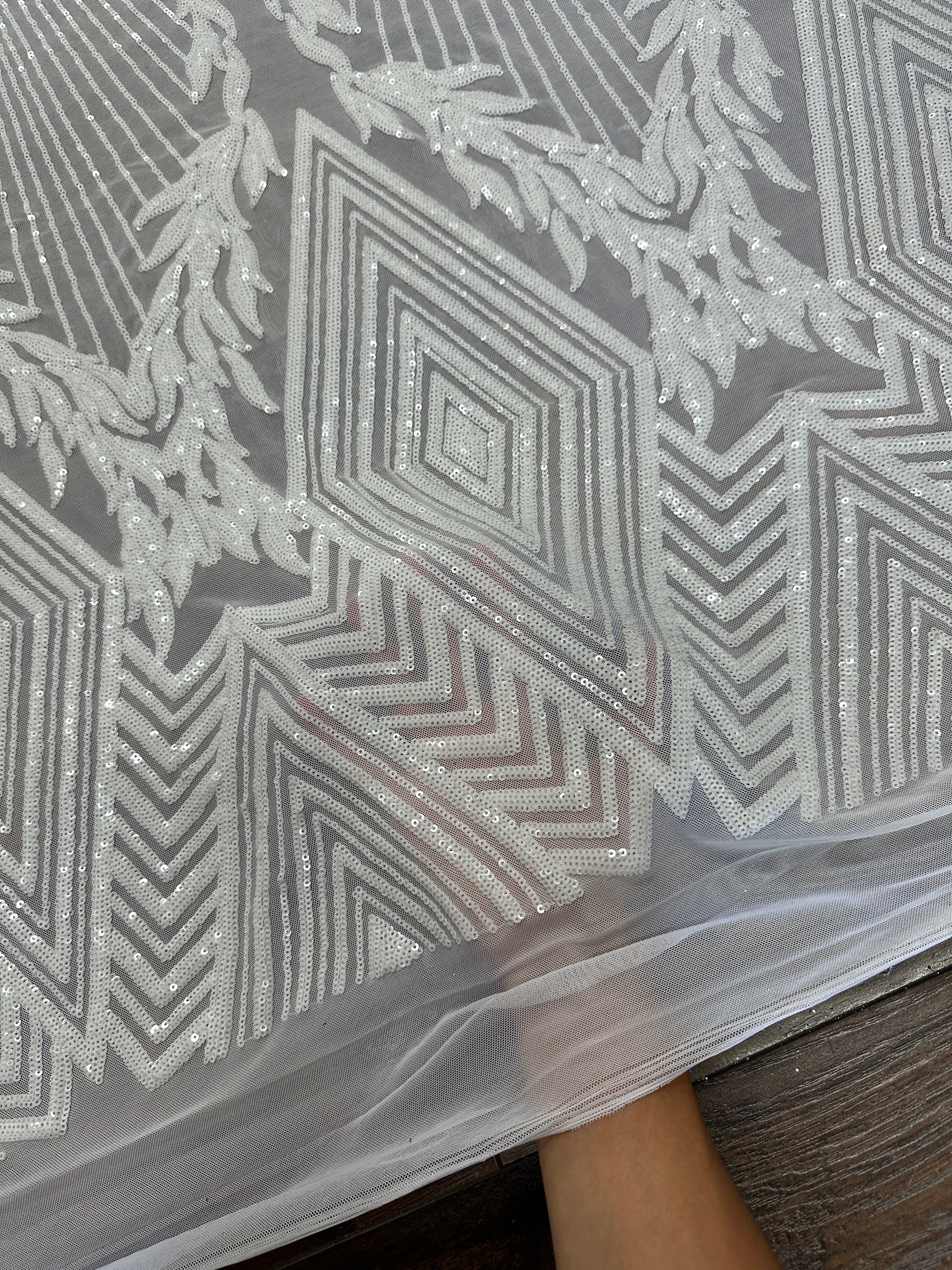 White Embroidered Curlicue Sequins on Mesh - Image 7