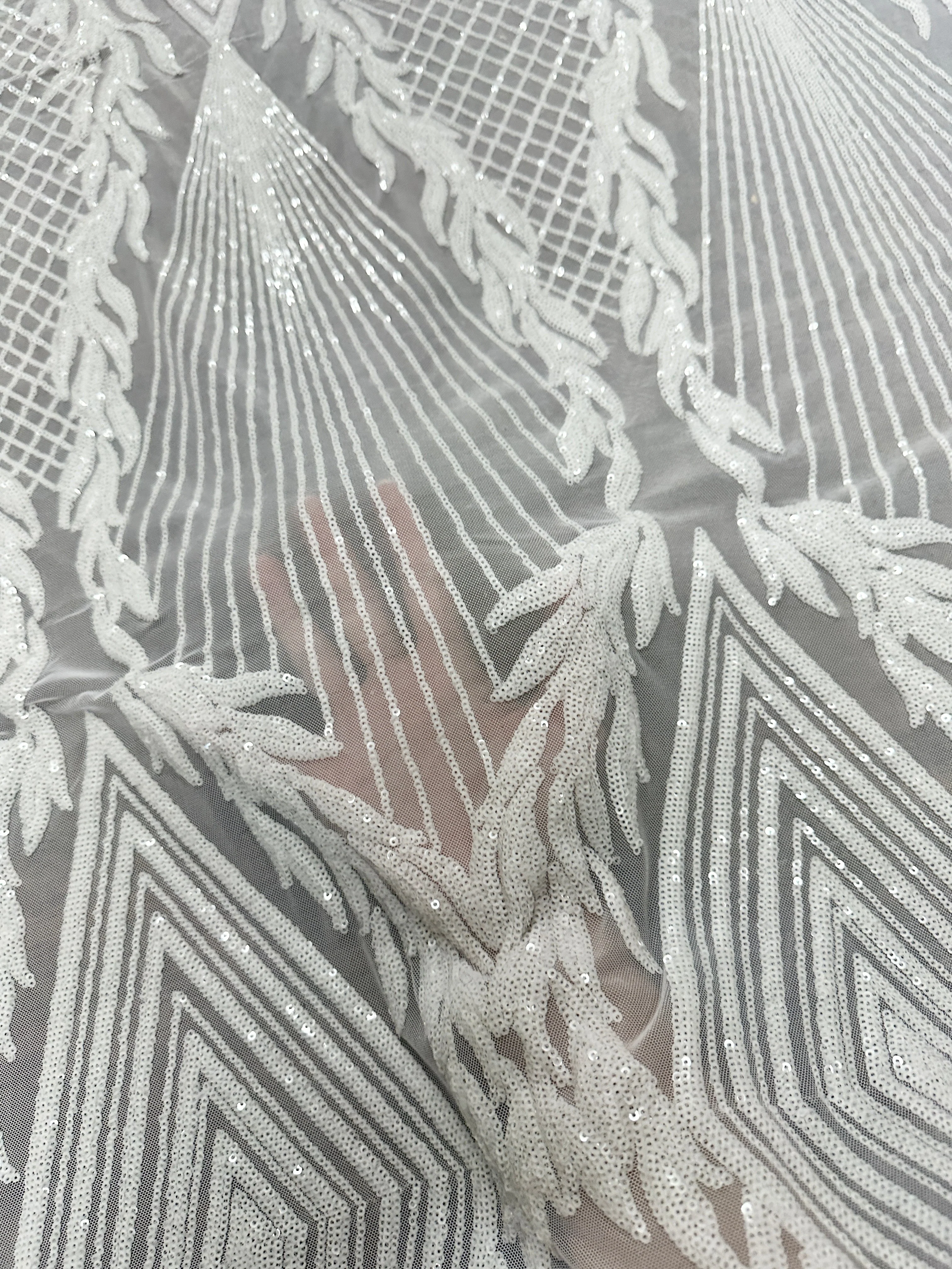 White Embroidered Curlicue Sequins on Mesh - Image 8