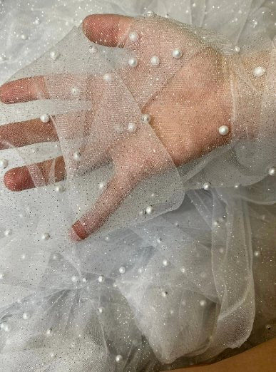 White Pearl Beaded Glittery Mesh/Tulle - Image 3