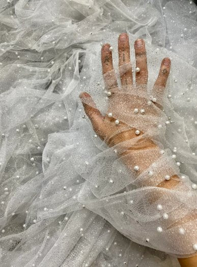 White Pearl Beaded Glittery Mesh/Tulle - Image 4