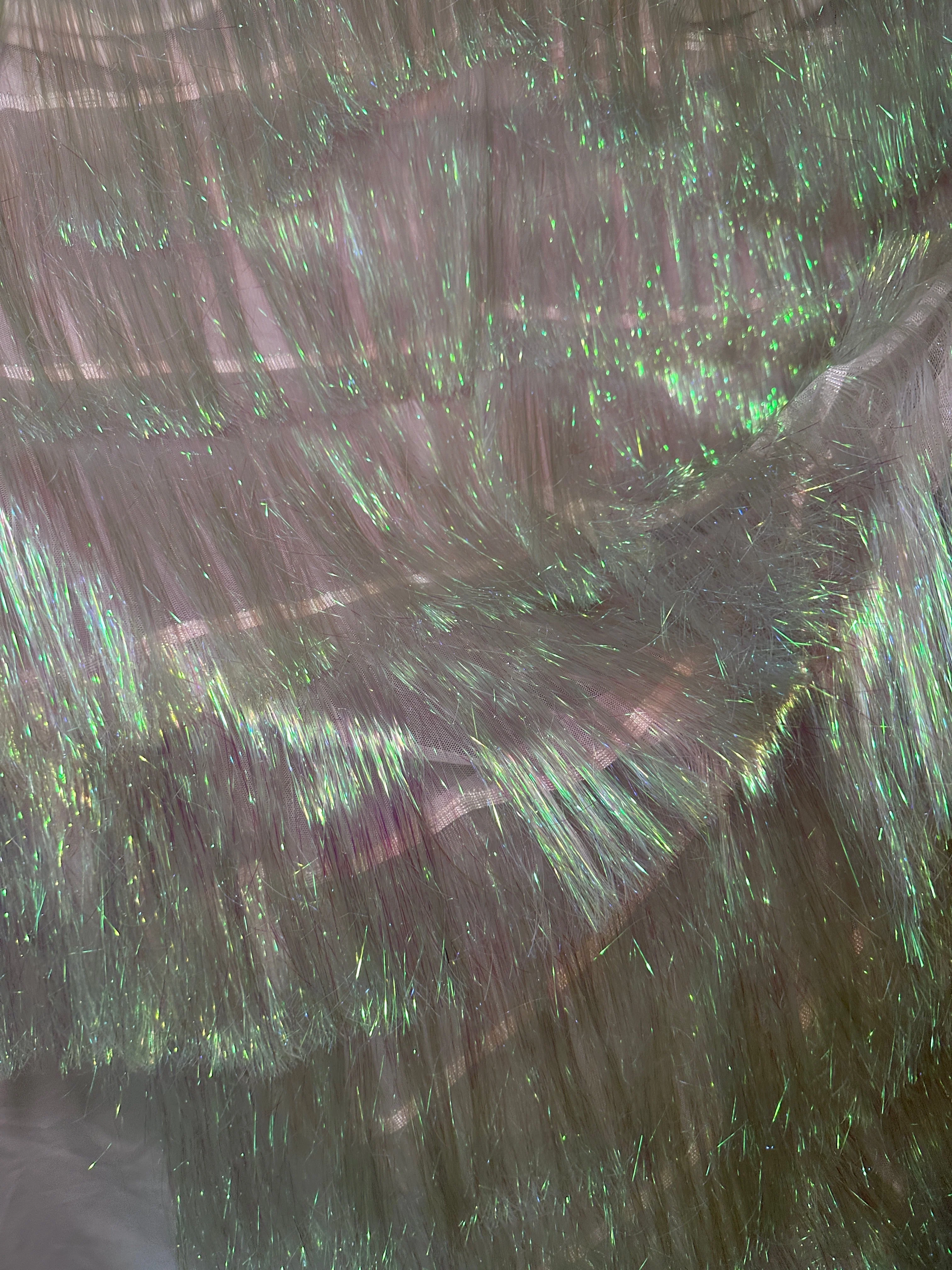 White Iridescent Fringe Metallic Mesh Base Fabric - Image 2
