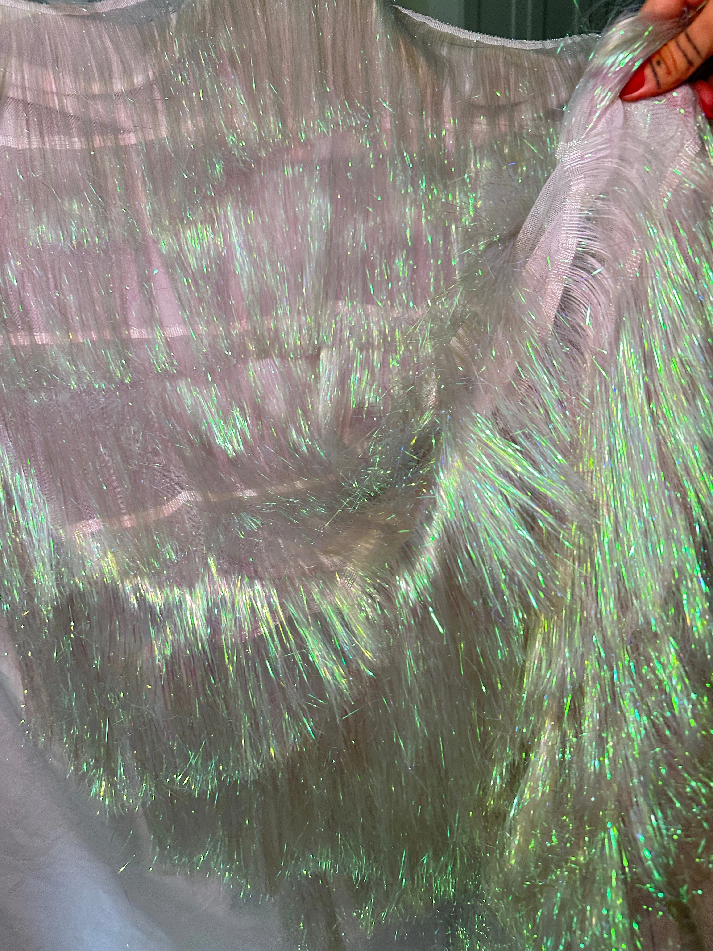 White Iridescent Fringe Metallic Mesh Base Fabric - Image 3