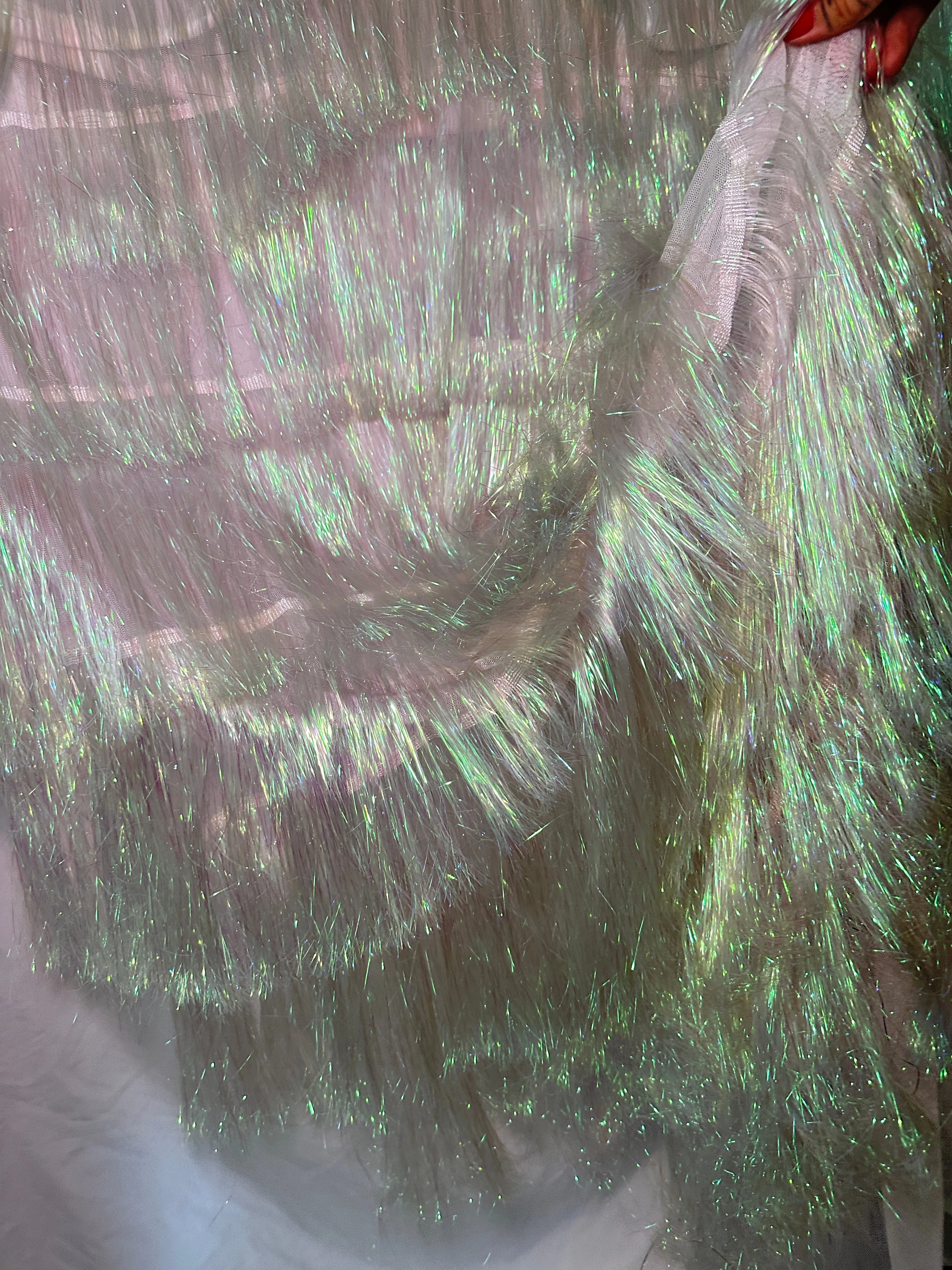 White Iridescent Fringe Metallic Mesh Base Fabric - Image 5
