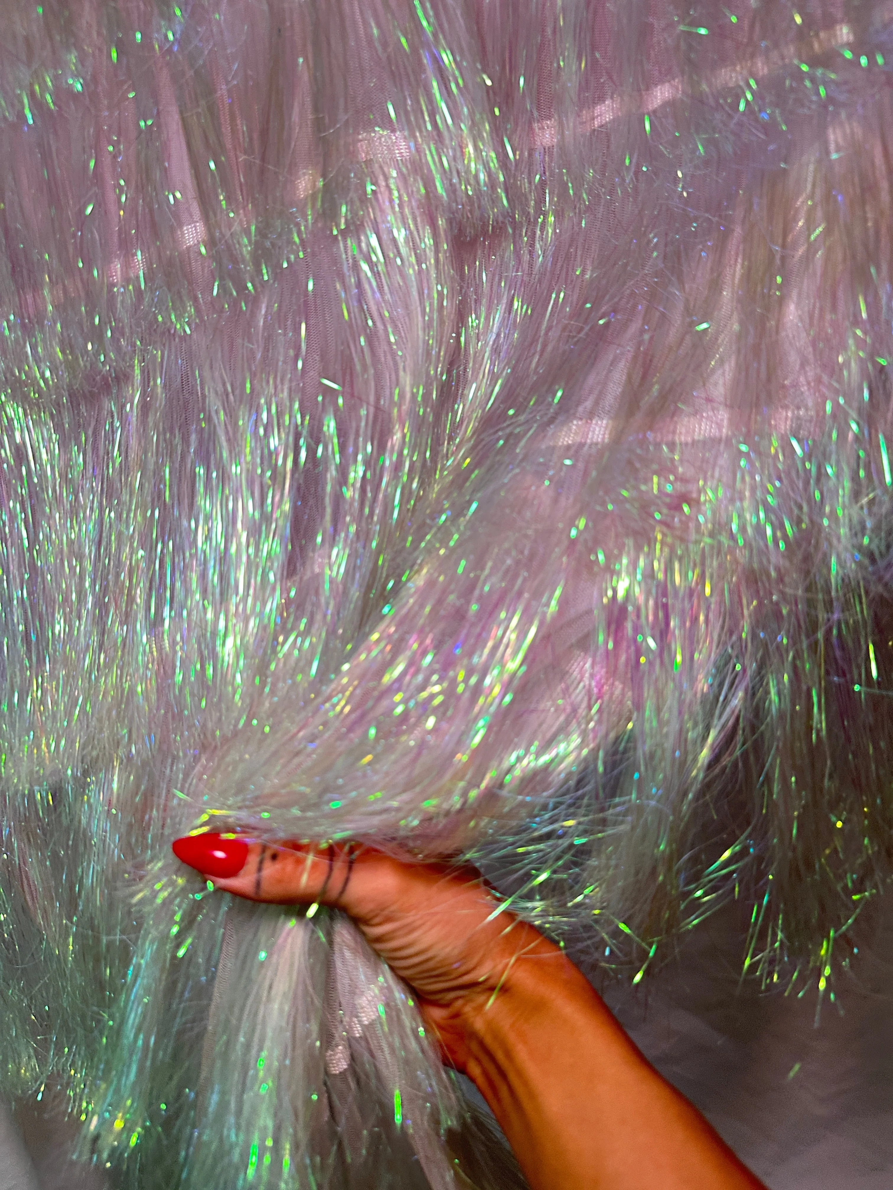 White Iridescent Fringe Metallic Mesh Base Fabric - Image 6
