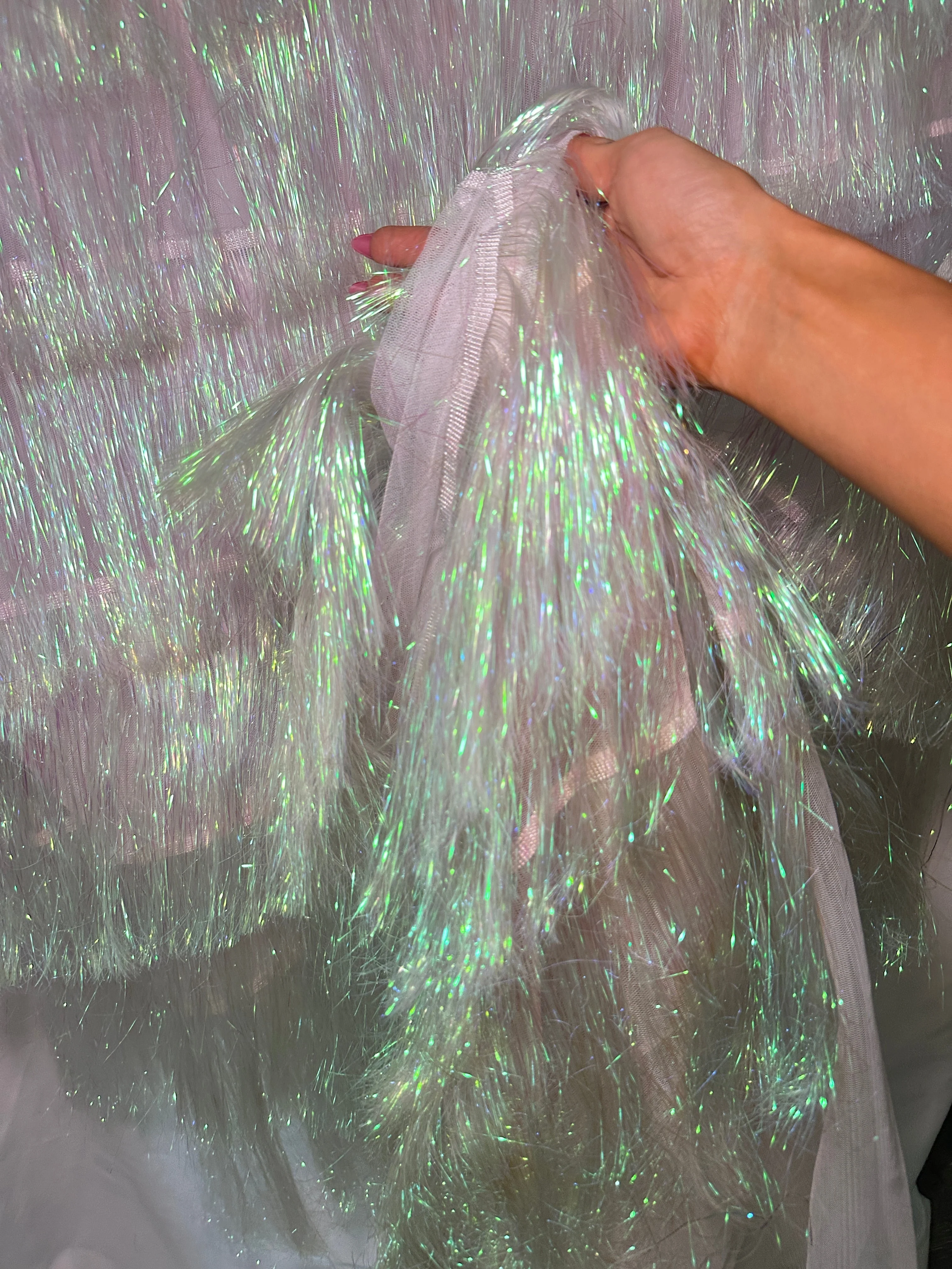 White Iridescent Fringe Metallic Mesh Base Fabric - Image 7