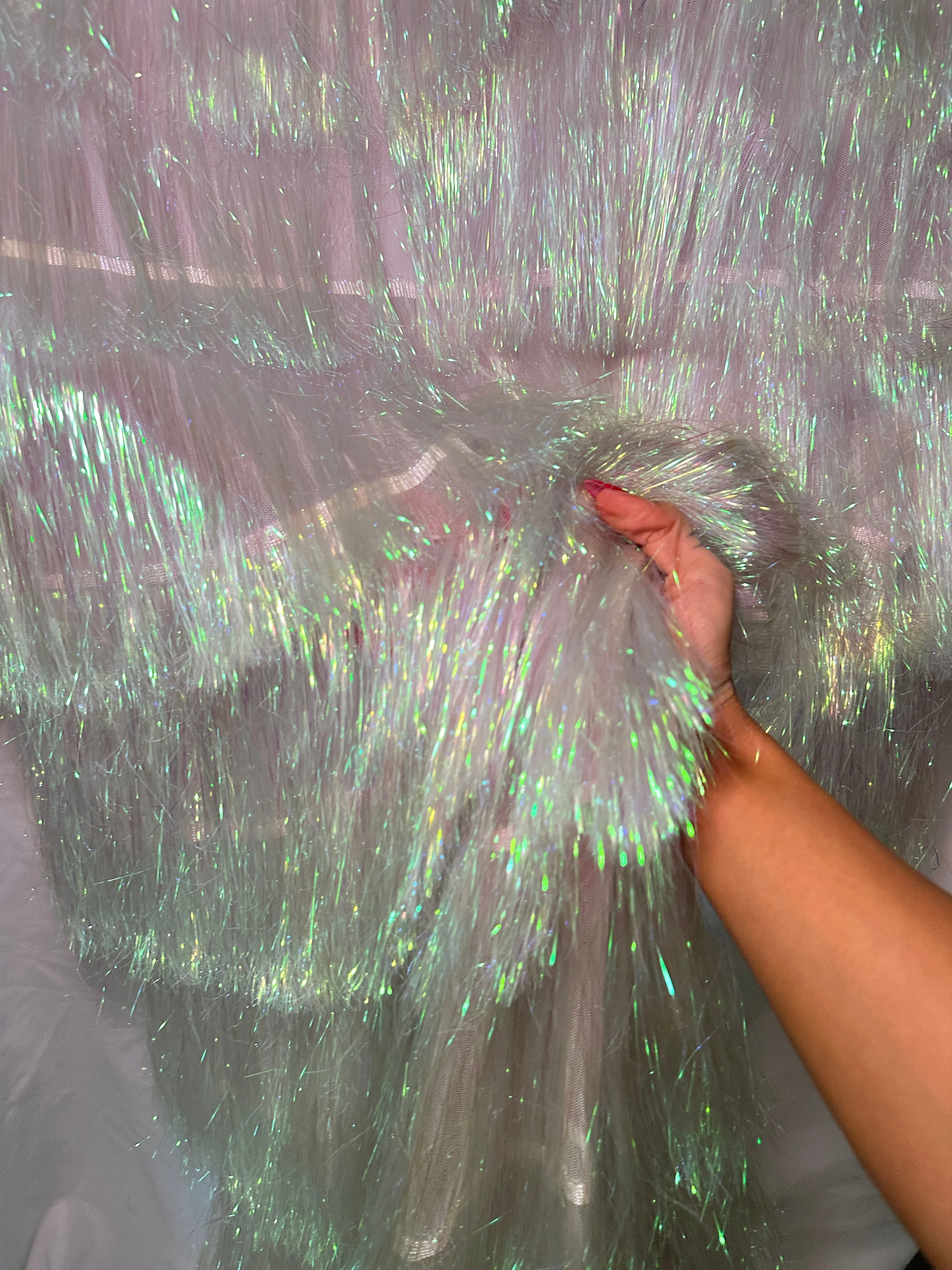 White Iridescent Fringe Metallic Mesh Base Fabric - Image 8