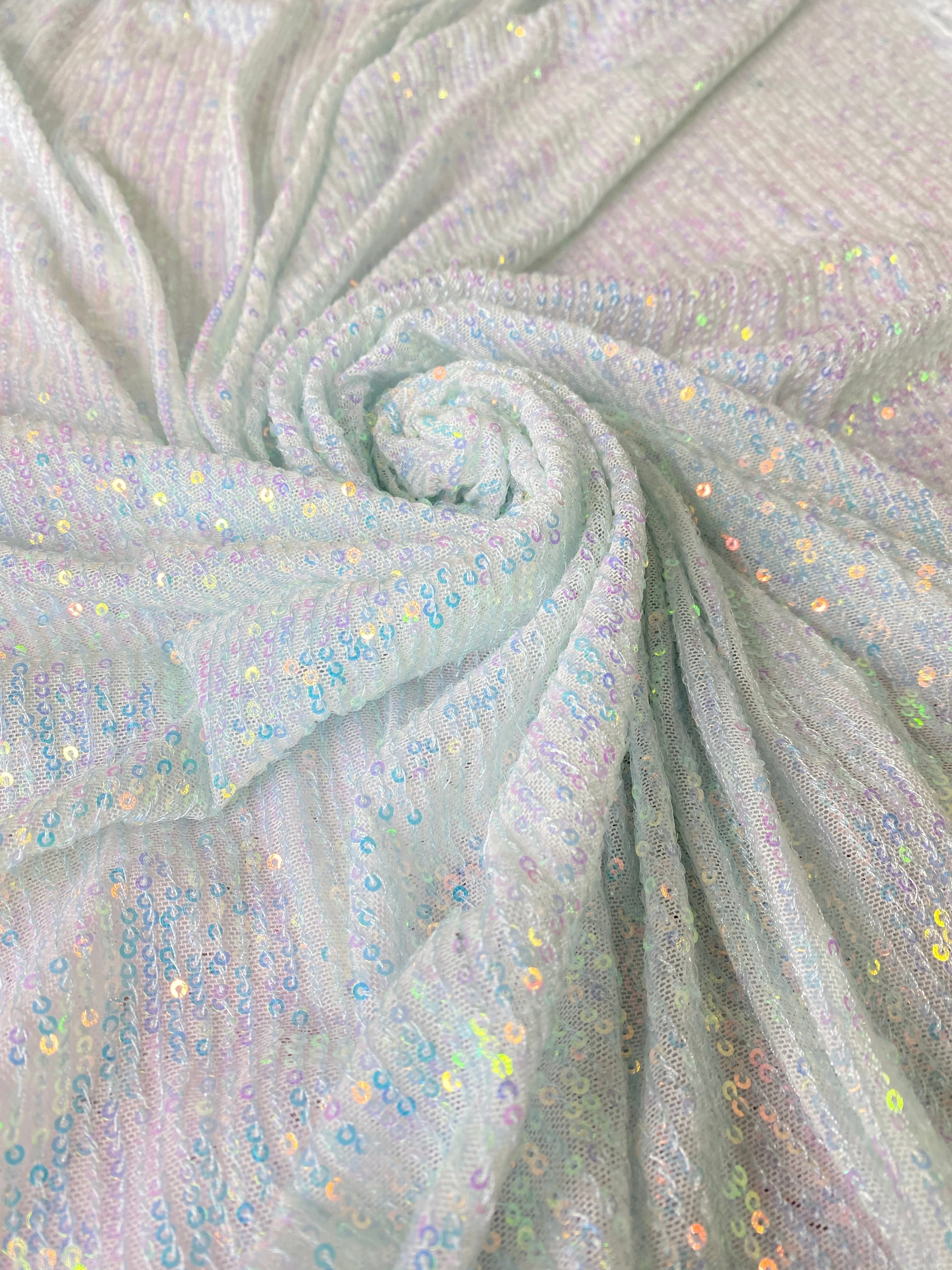 White Iridescent Striped Stretch Sequin on Mesh - Image 10