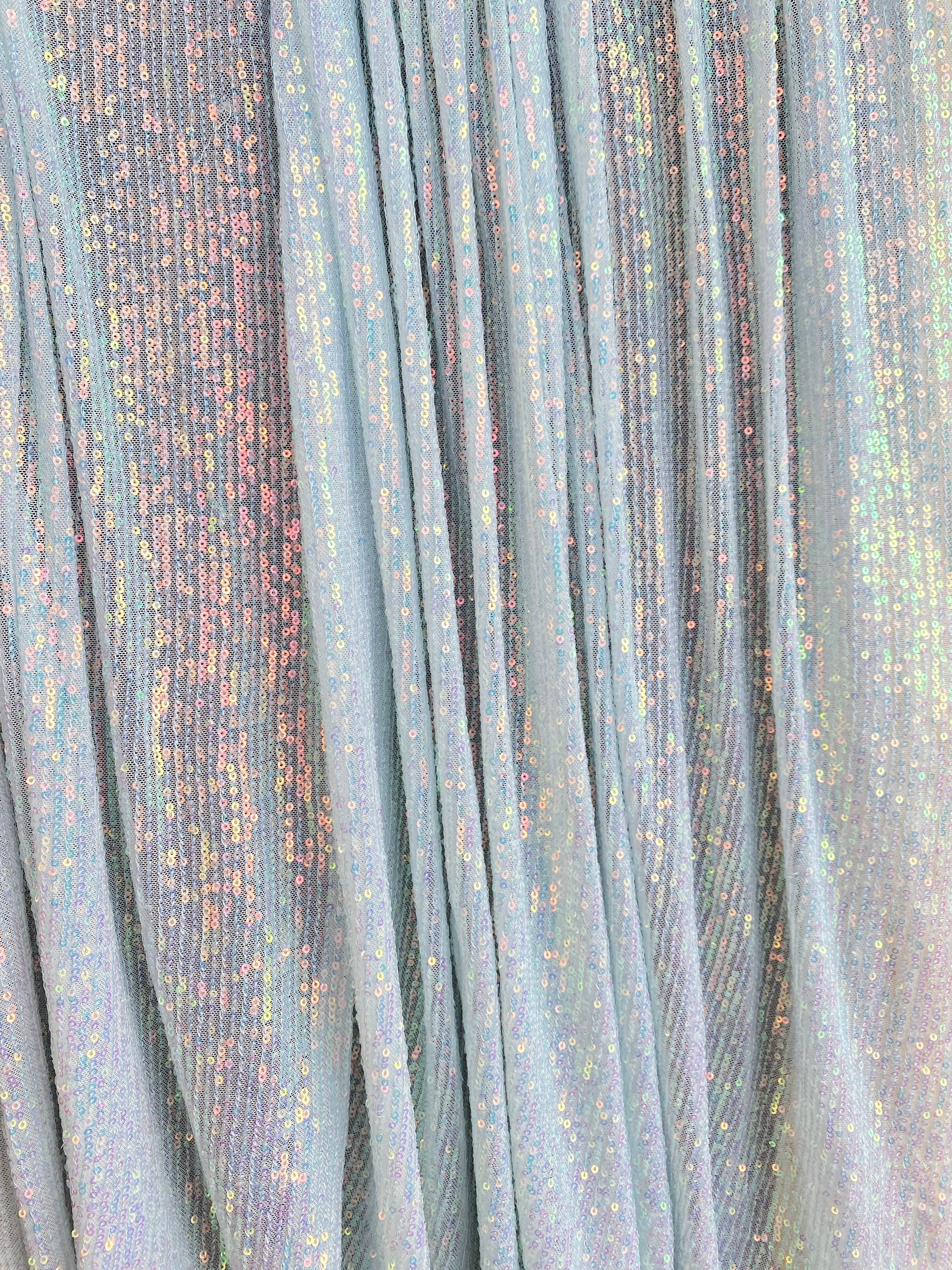 White Iridescent Striped Stretch Sequin on Mesh - Image 3