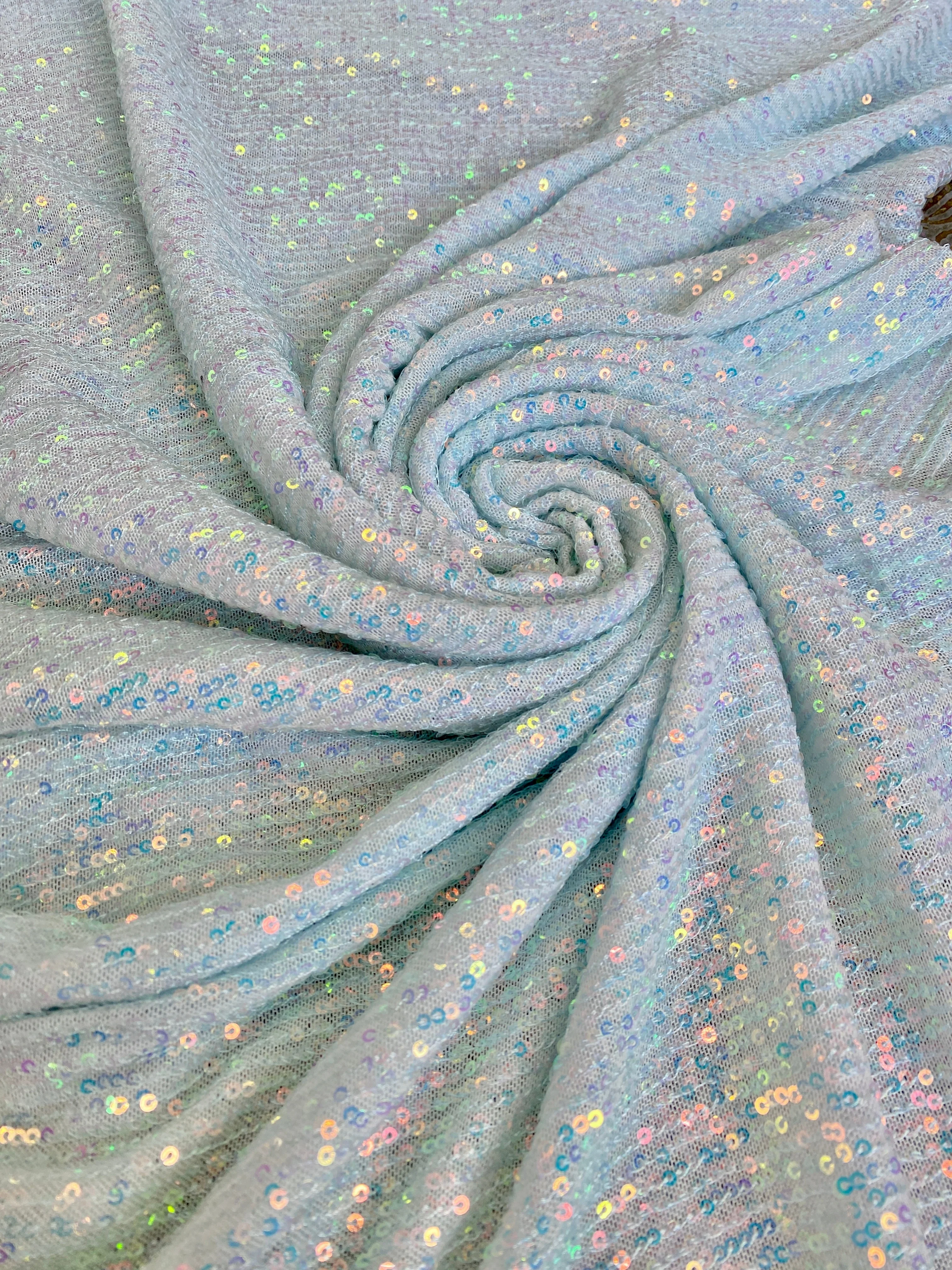 White Iridescent Striped Stretch Sequin on Mesh - Image 5