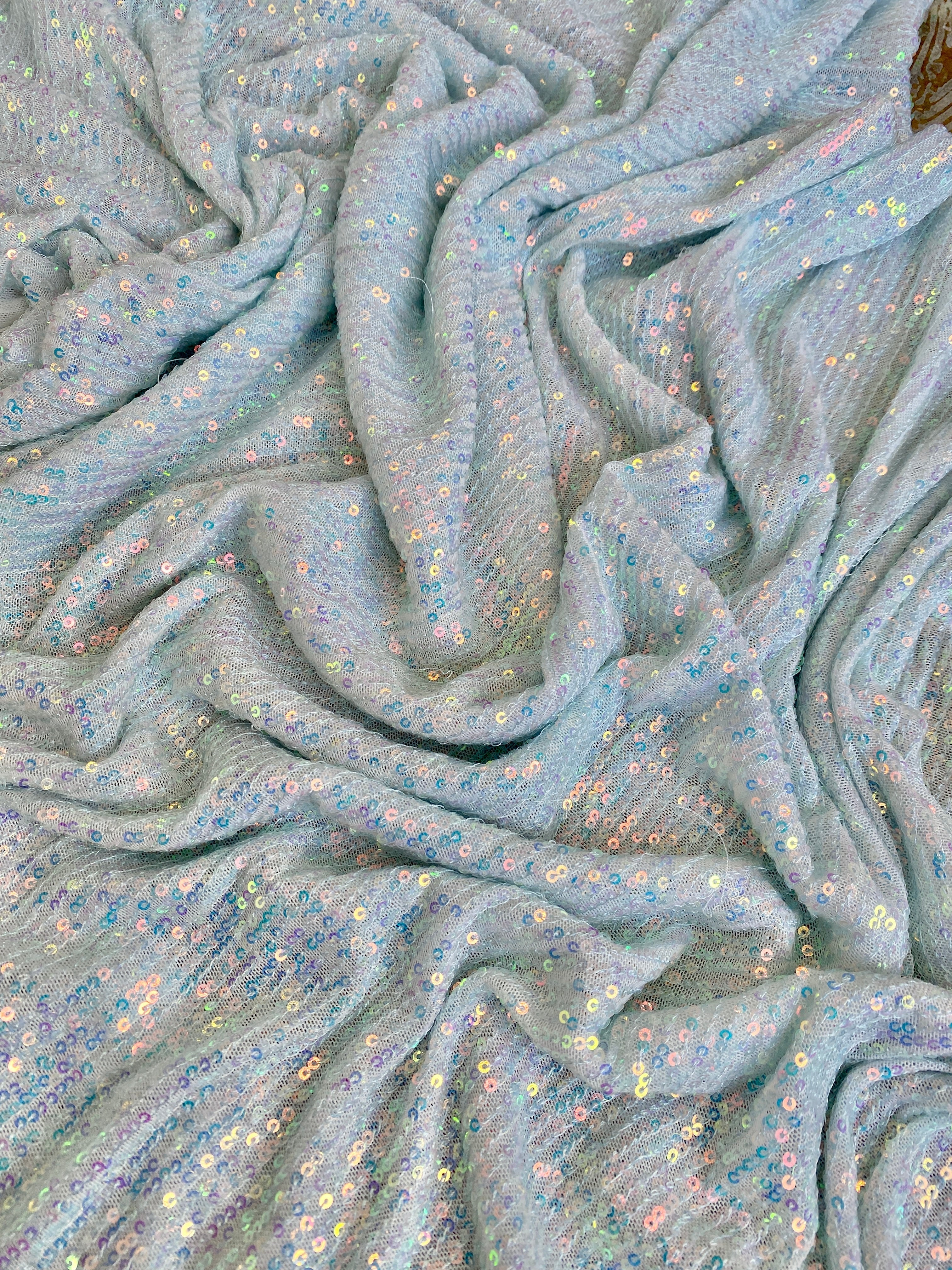 White Iridescent Striped Stretch Sequin on Mesh - Image 6