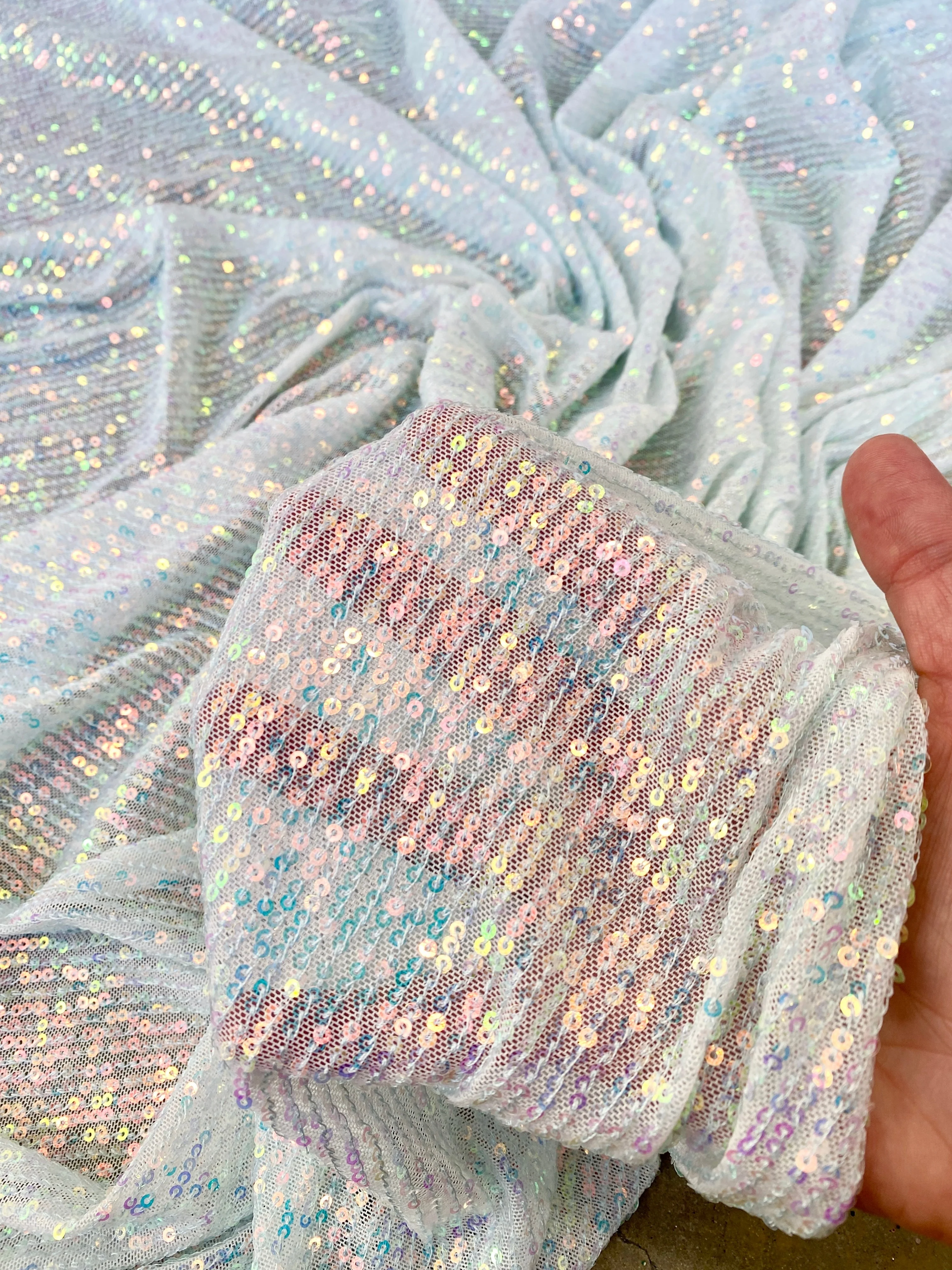 White Iridescent Striped Stretch Sequin on Mesh - Image 7
