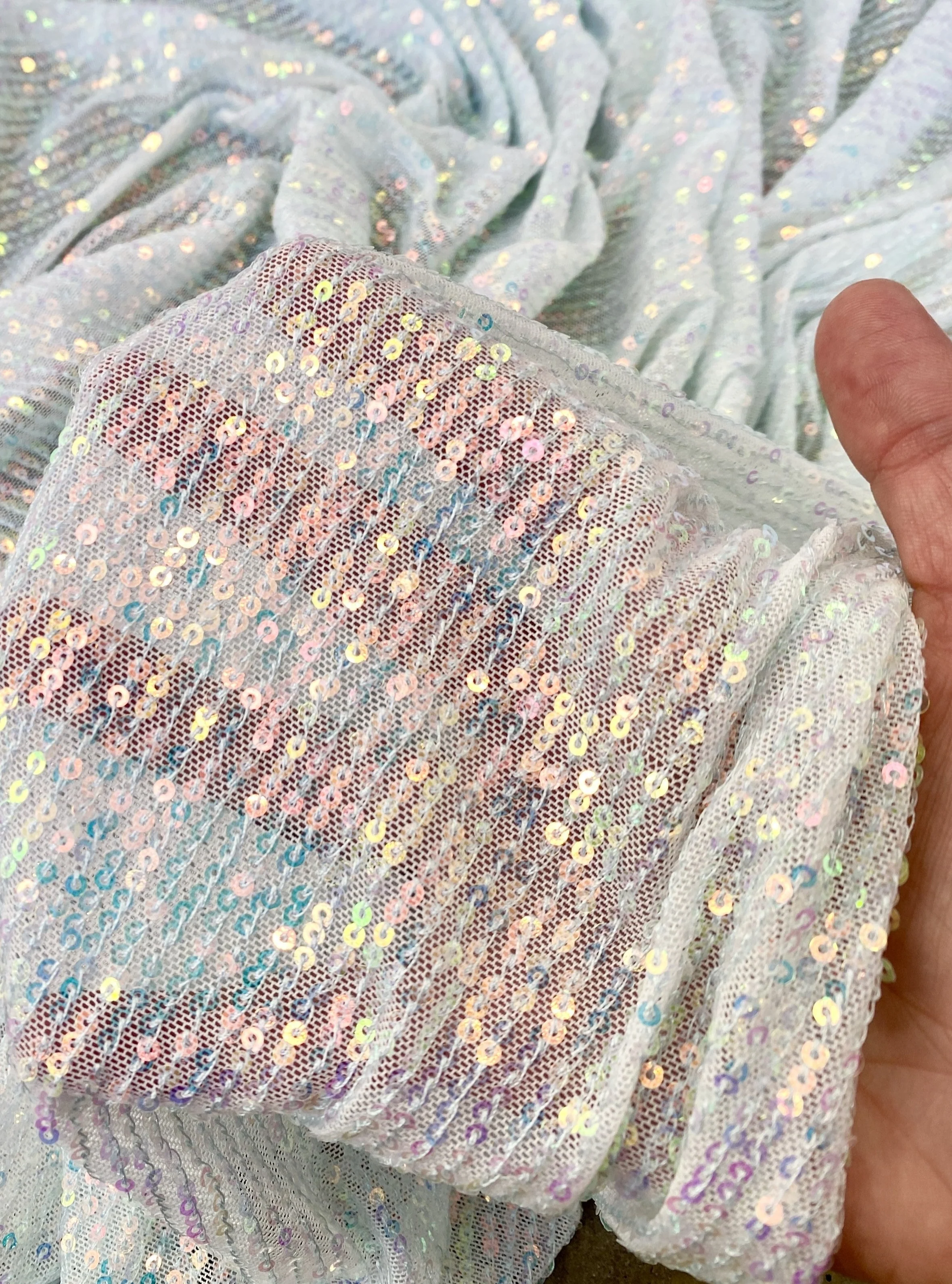 White Iridescent Striped Stretch Sequin on Mesh - Image 8