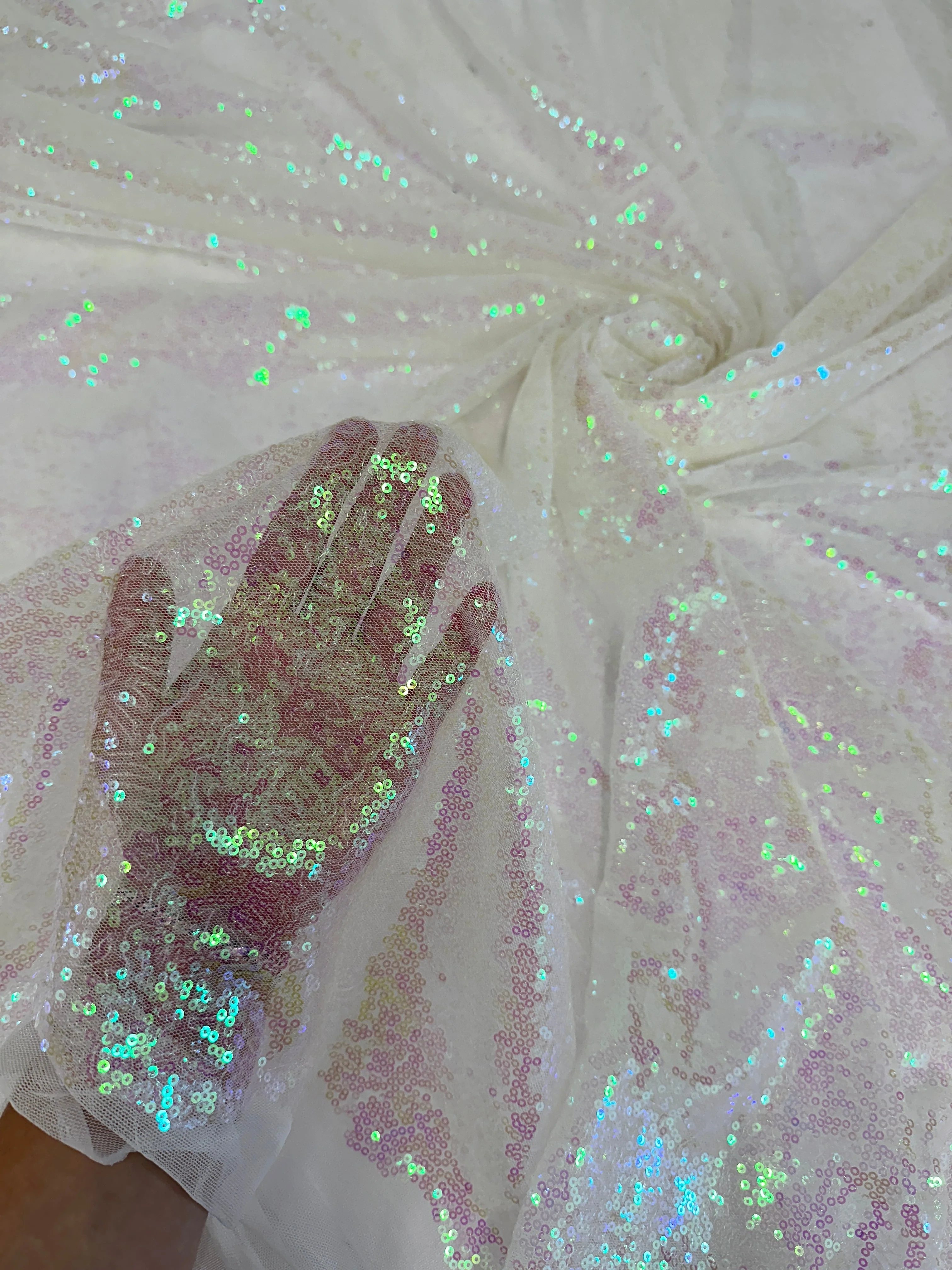 White Iridescent Stretch Sequin on Mesh