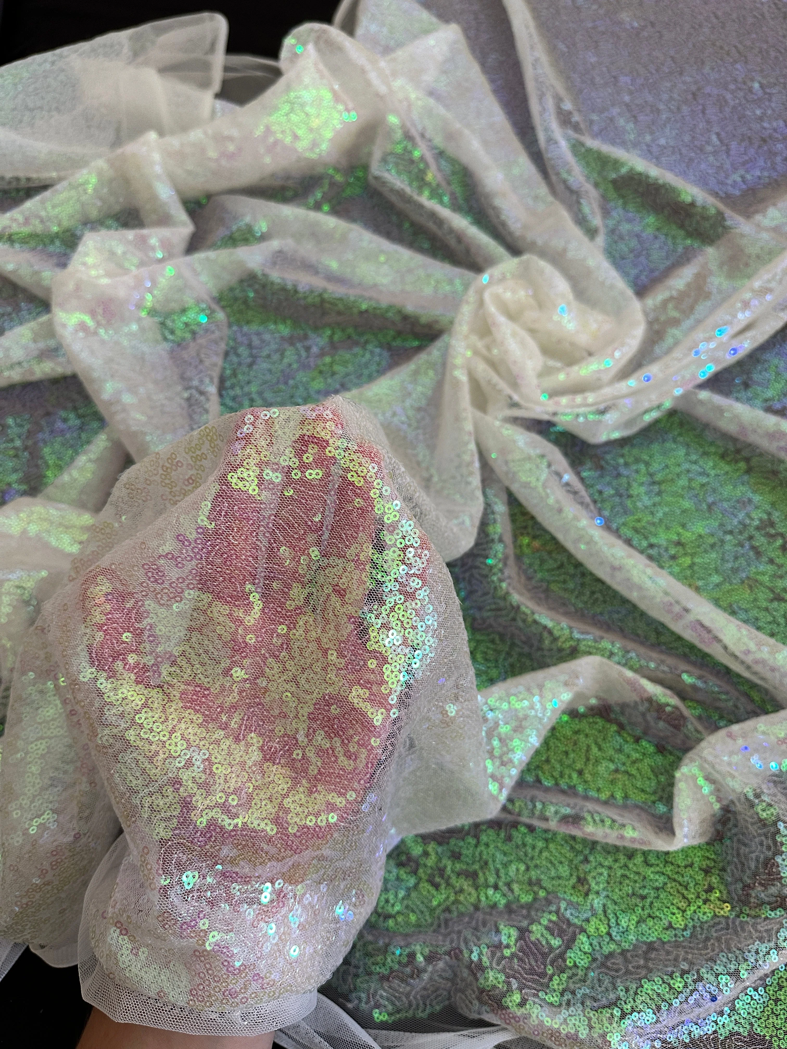 White Iridescent Stretch Sequin on Mesh - Image 5