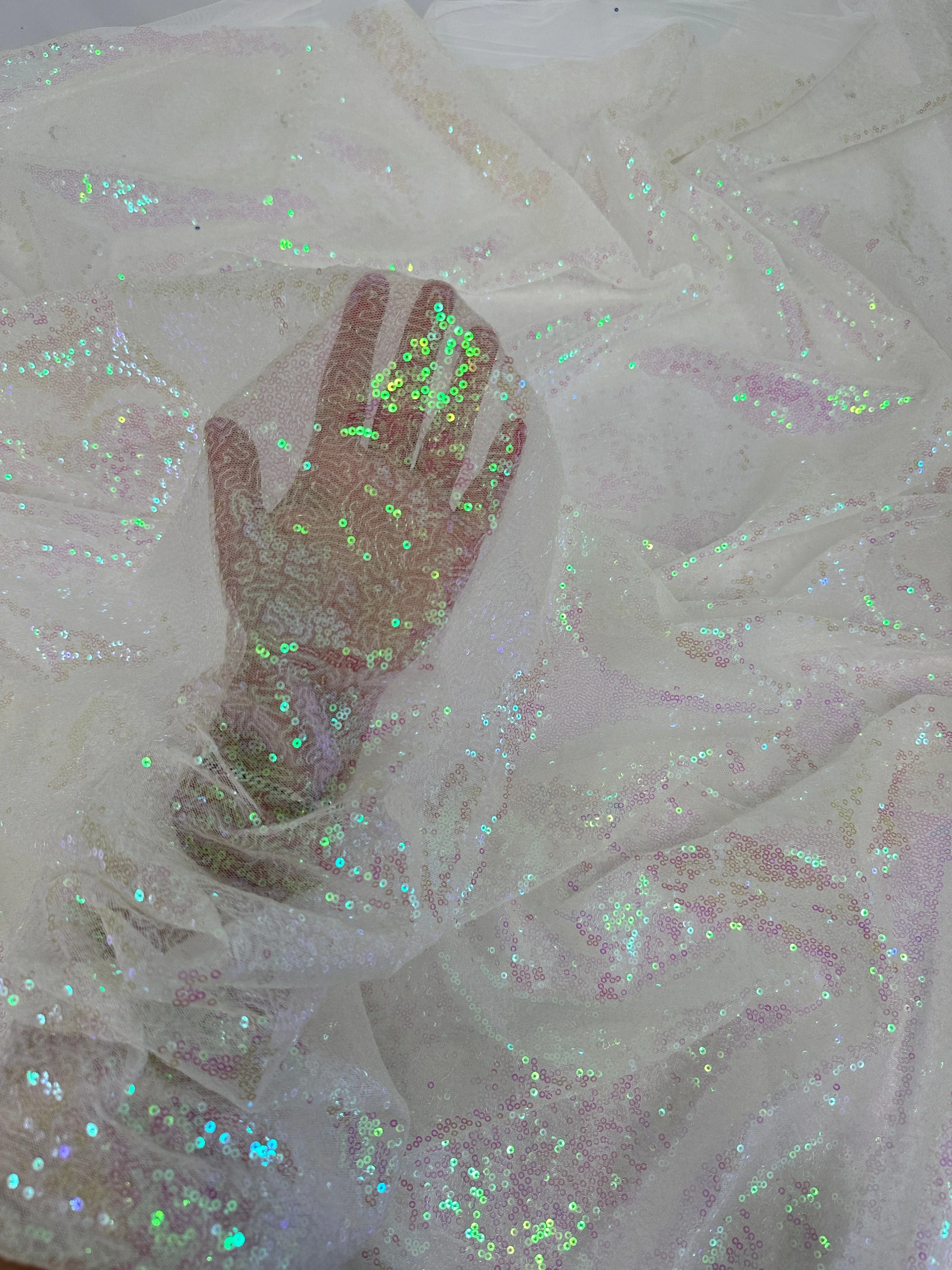 White Iridescent Stretch Sequin on Mesh - Image 8