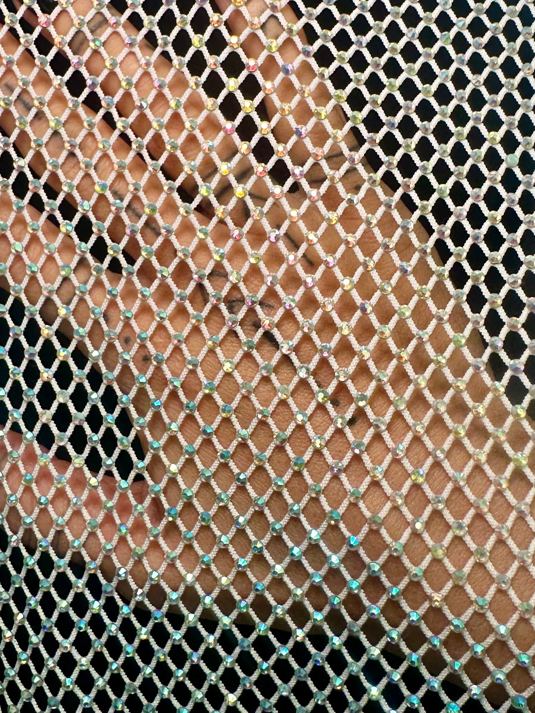 White Silver Rhinestone Diamond Fishnet Mesh