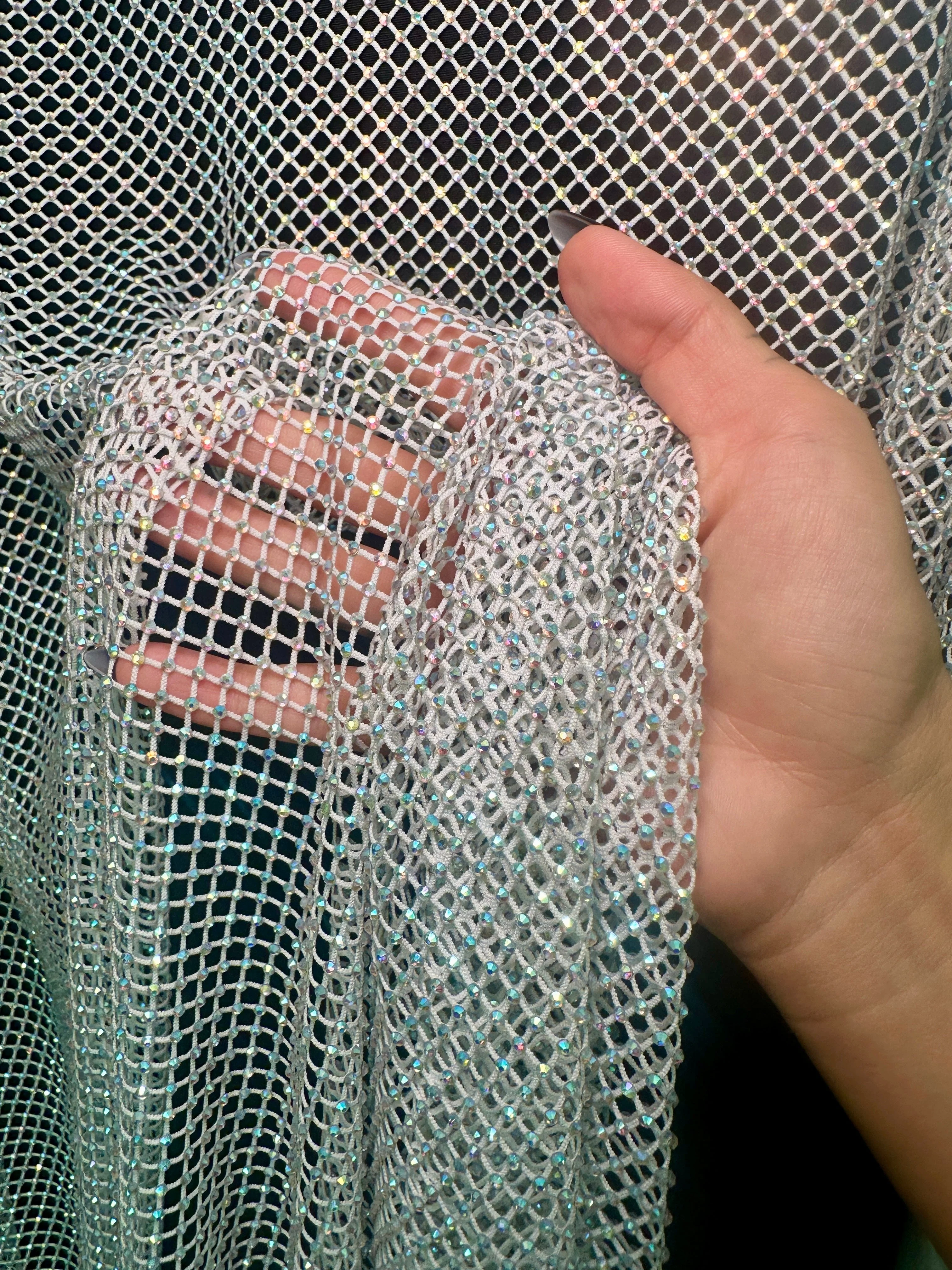 White Silver Rhinestone Diamond Fishnet Mesh - Image 2