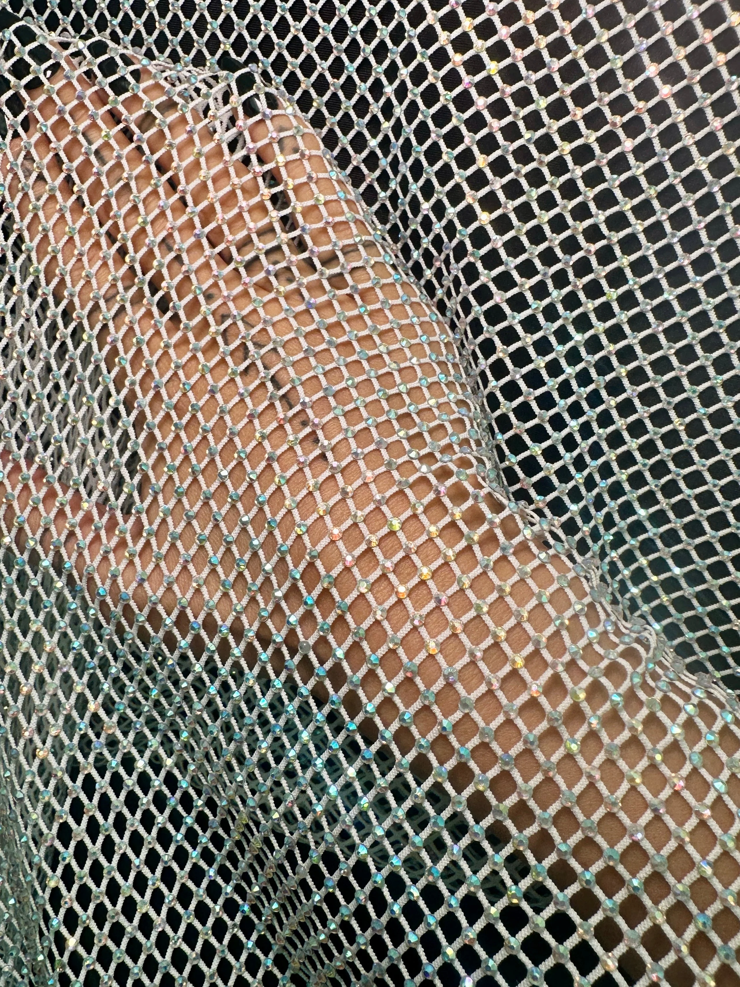 White Silver Rhinestone Diamond Fishnet Mesh - Image 3